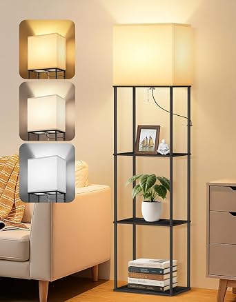 OUTON Floor Lamp with Shelves, Modern Rectangle Standing Shelf Lamp Black | 3 Color Temperature Bulb, Storage Display Wood Column Tall Bookshelf Lamp for Living Room, Bedroom Office