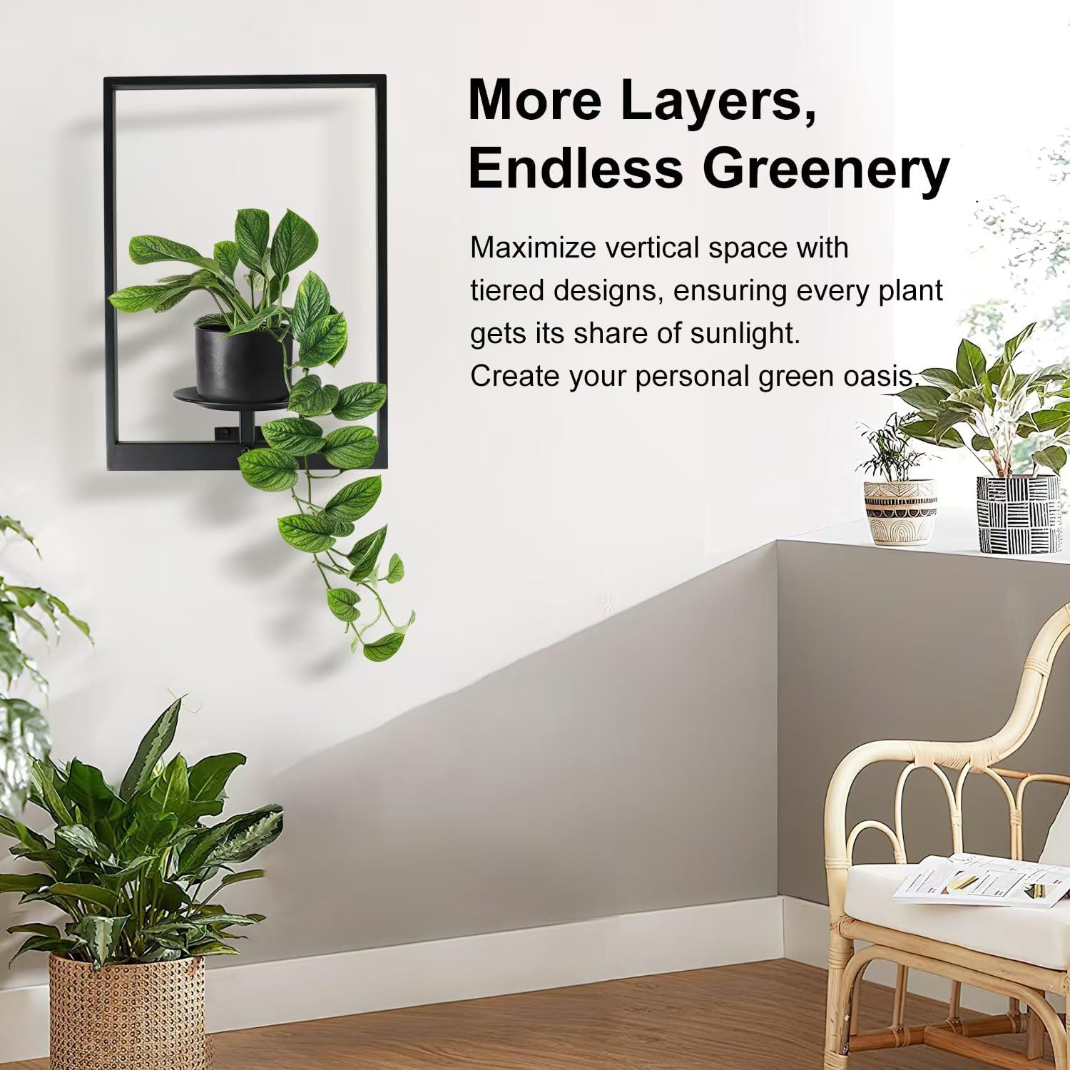 Plant Wall Shelf, Metal Modern Style Frame, Picture Wall Plant Holder, Plant Frames for Living Space Decor Display Stand for Living Room Balcony Garden Patio (2 PACK(BLACK))