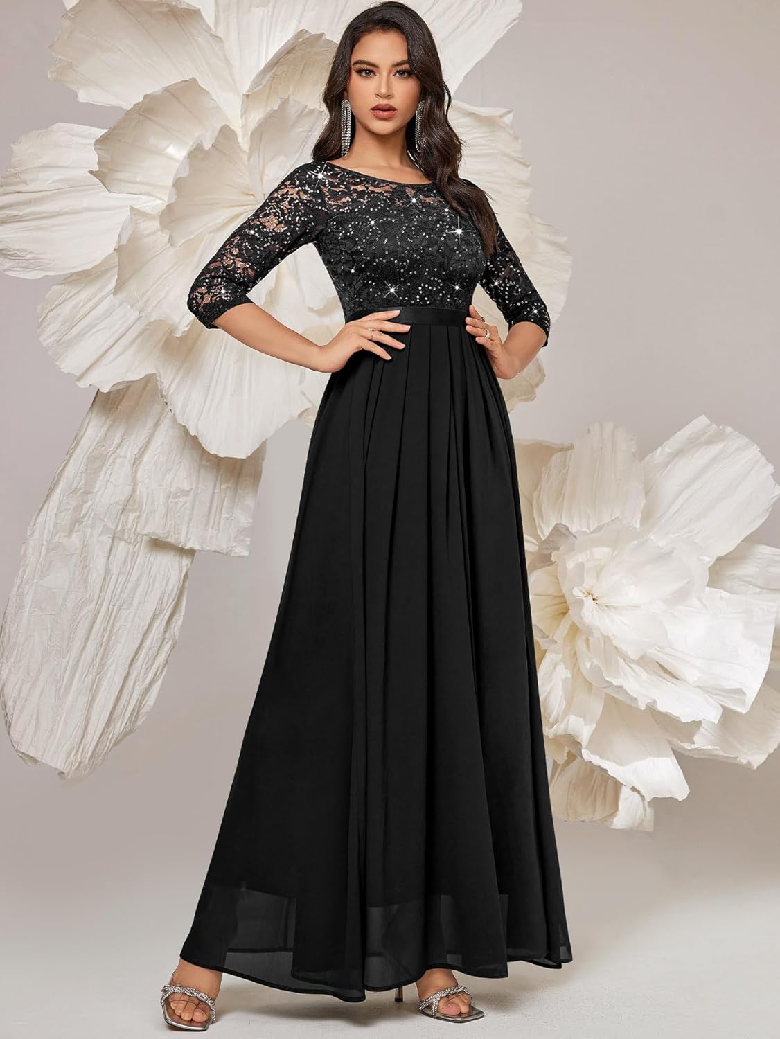 Miusol Women's Classy Scoop Neck Sequined Floral Lace Home Coming Party Maxi Dress - Image 3