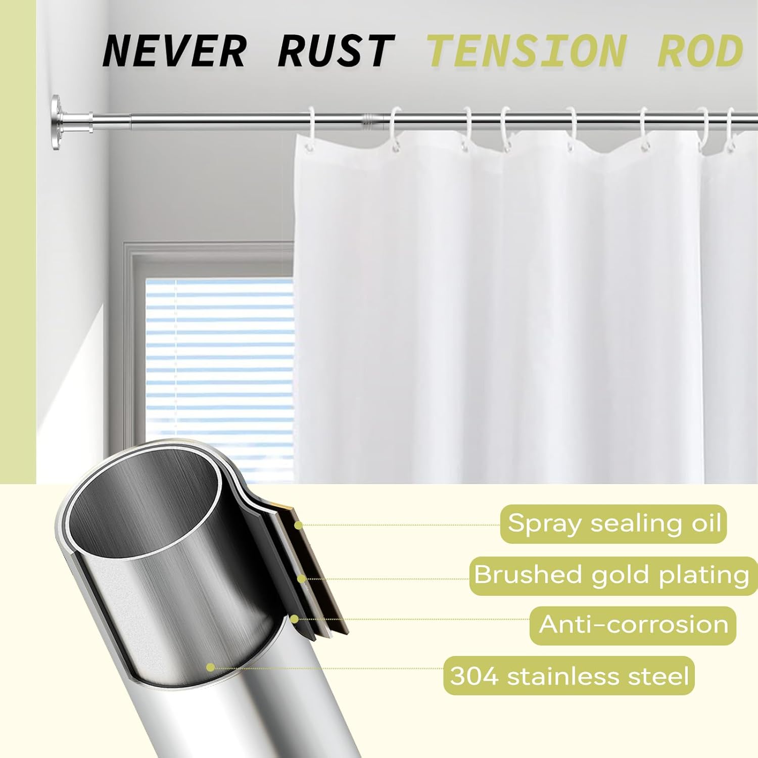 Tension Curtain Rod 31 to 124 in Extra Long Curtain Rod Adjustable Heavy Duty Silver Spring Shower Curtain Rod for Bathroom Windows Room Divider Never Rust