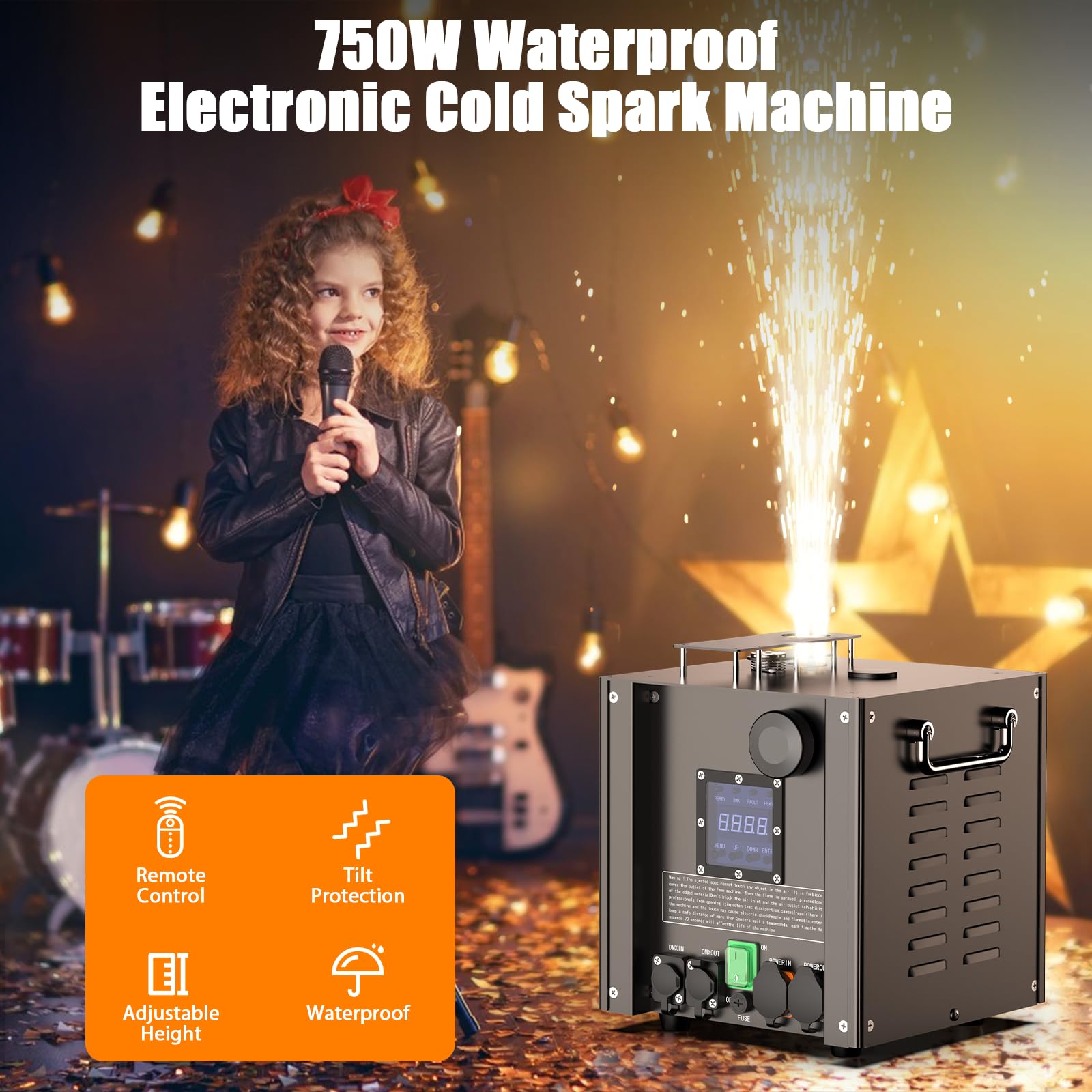 750W Wasserdichte Pyrotechnikmaschinen Elektronische Kaltfunken-Effektmaschine, LCD-Display d-mx512 & Funkfernbedienung für Bühne Hochzeit Party DJ Halloween Weihnachten (2 Stück mit Flightcase)