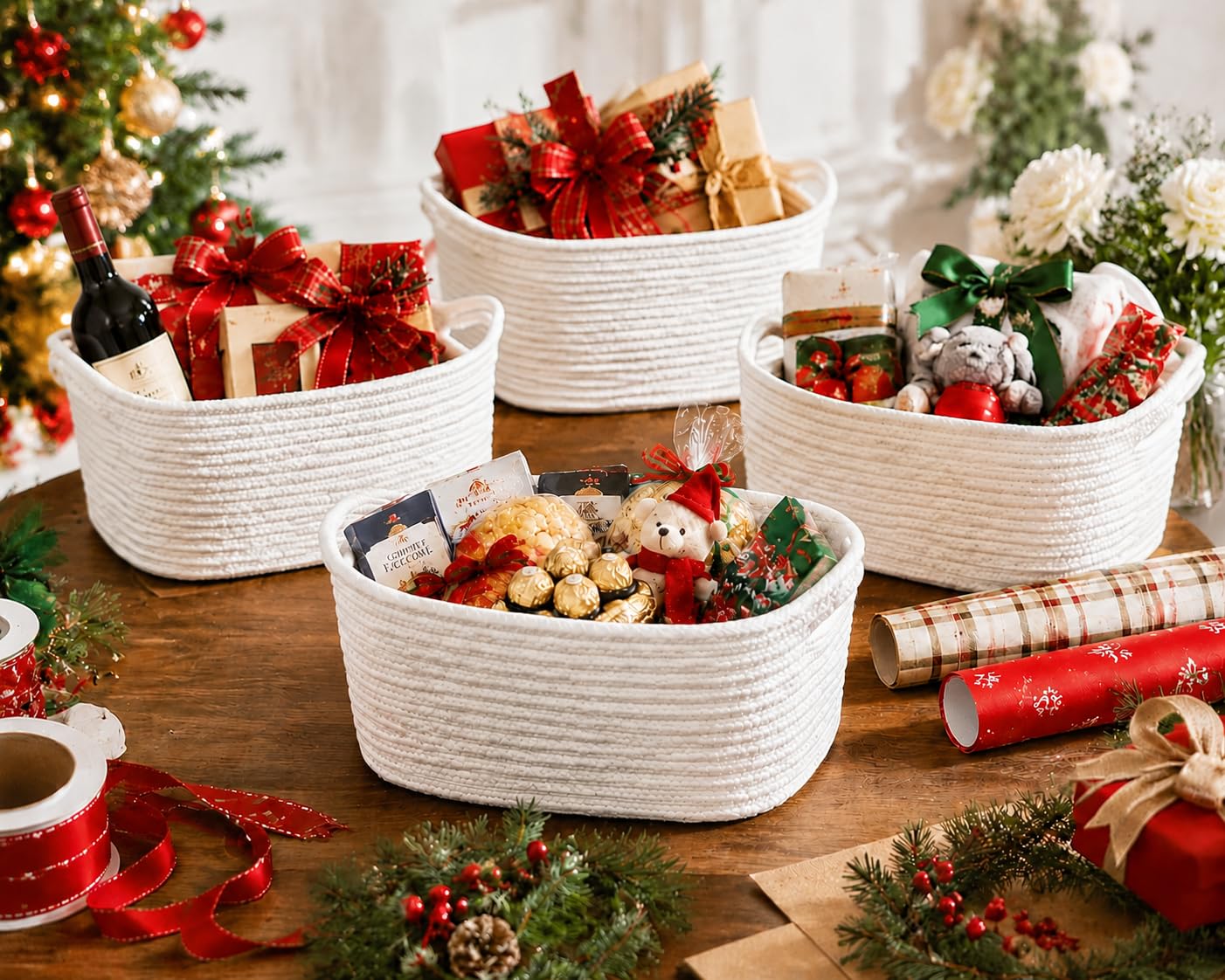 10 Pack White Woven Gift Baskets with Gift Bags and Ribbons, 12"x8"x5"