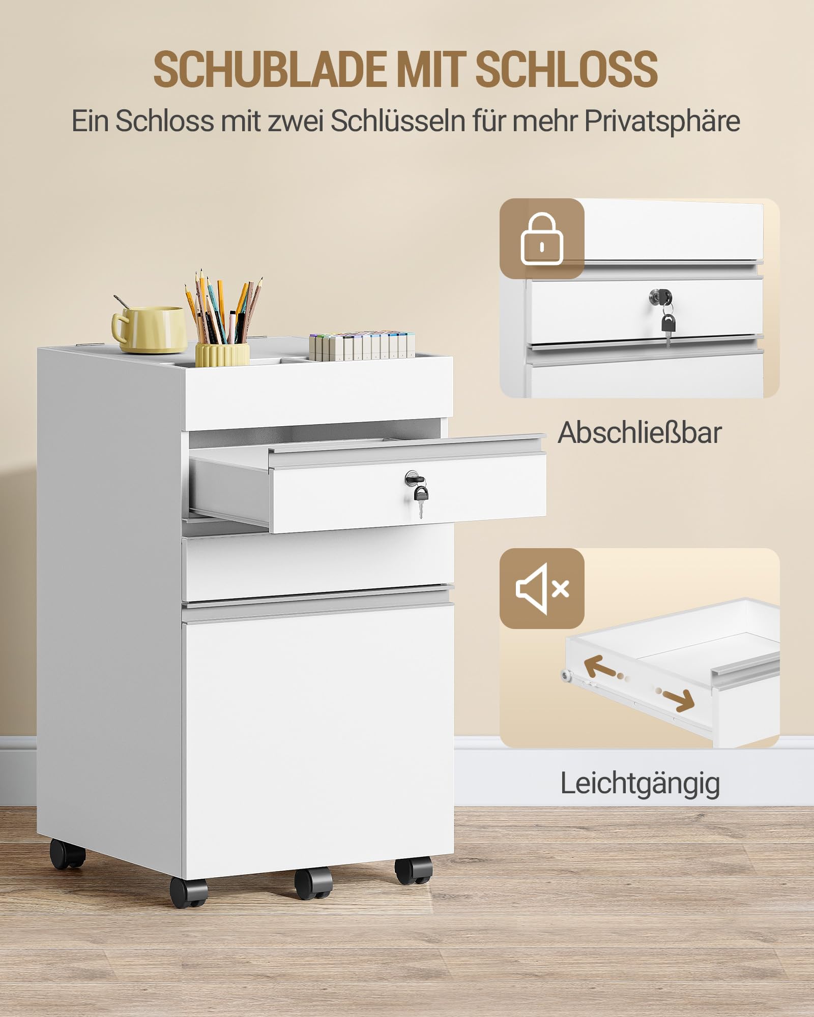 Hzuaneri Rollcontainer, Aktenschrank, abschließbarer Büroschrank mit 3 Schubladen, extra stauraum Oben, Schubladenschrank für DIN A4, Letter, für Büro, Homeoffice, 40 x 40 x 70 cm Weiß FC41003XV1