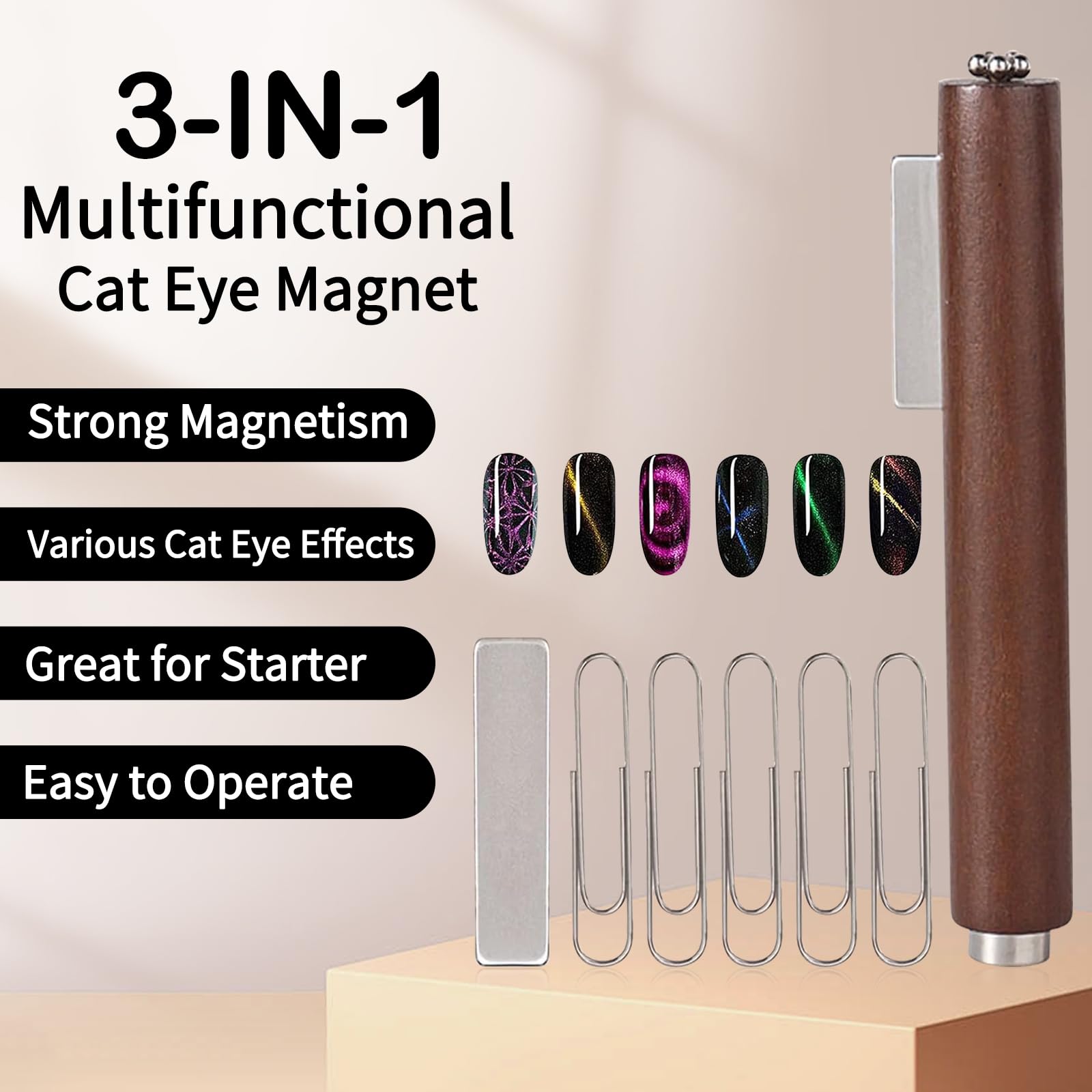 3 in 1 Cat Eye Magnet for Nails with Square Magnet & 5 Paper Clips - Image 4