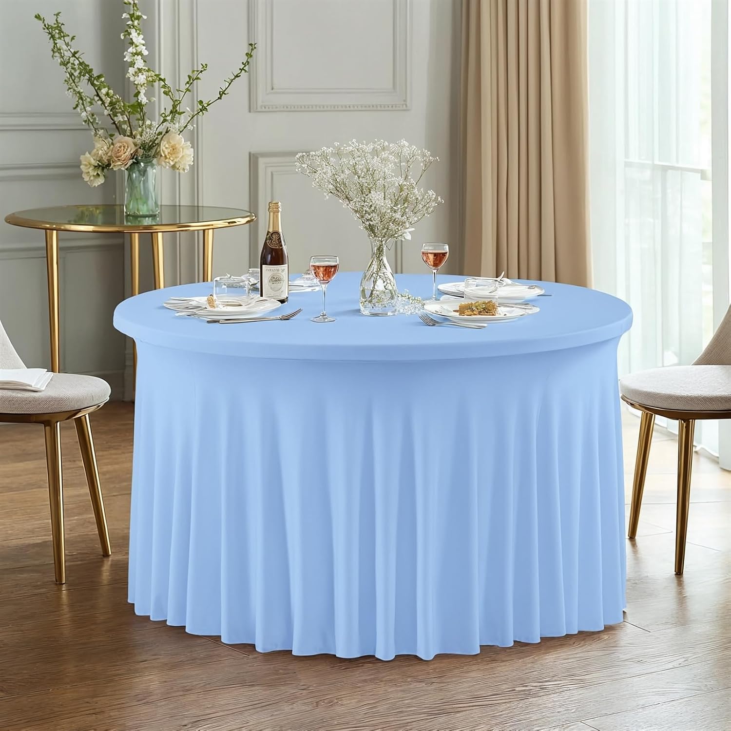 Table Skirts for 48 inch Round Table Spandex Table Covers Wrinkle Free Fitted Table Skirts Ruffle Elastic Desk Skirt for Wedding Birthday Party Dining Banquet, Sky Blue