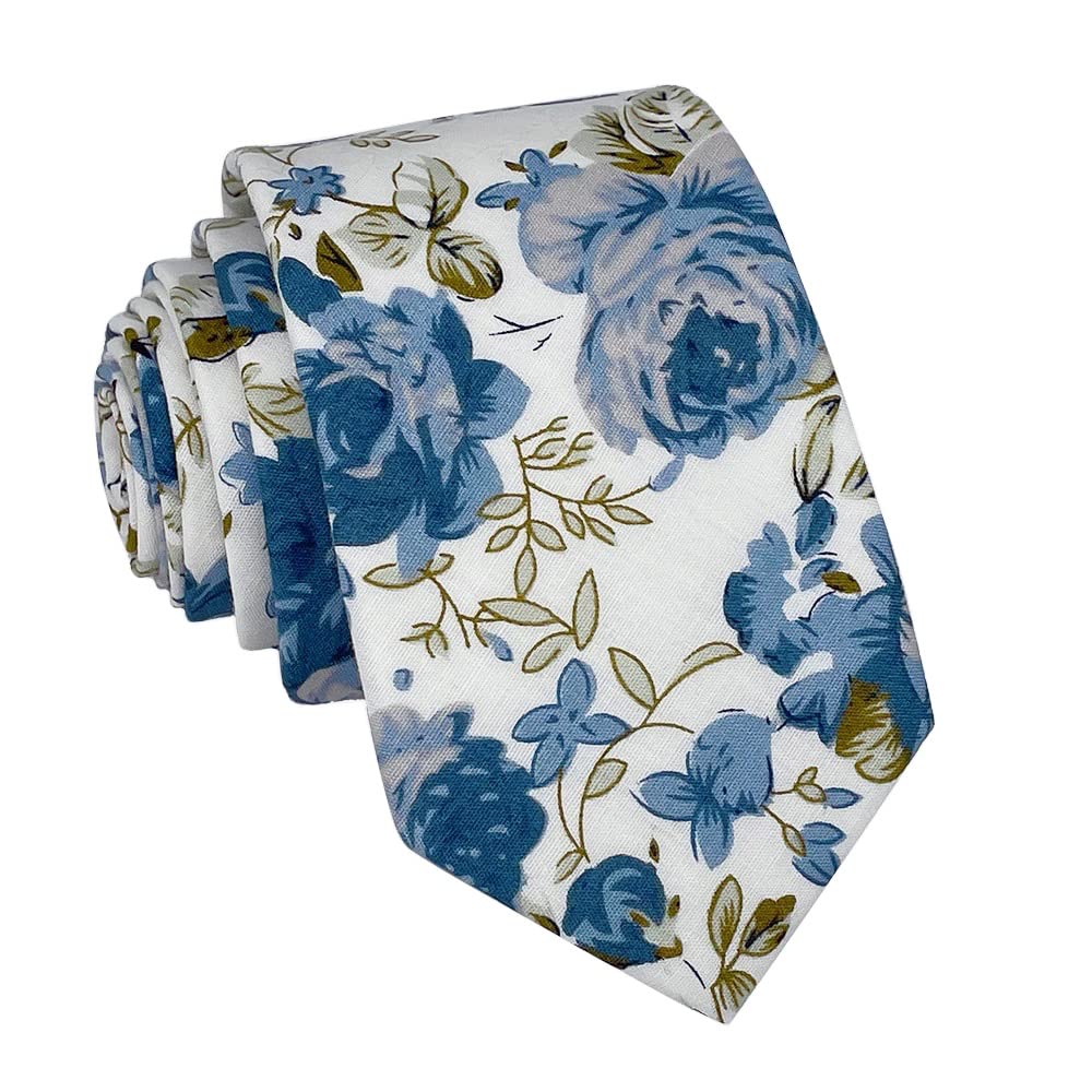Corbata delgada de algodón floral para hombre, Flores Azules - Blanco (2.6)