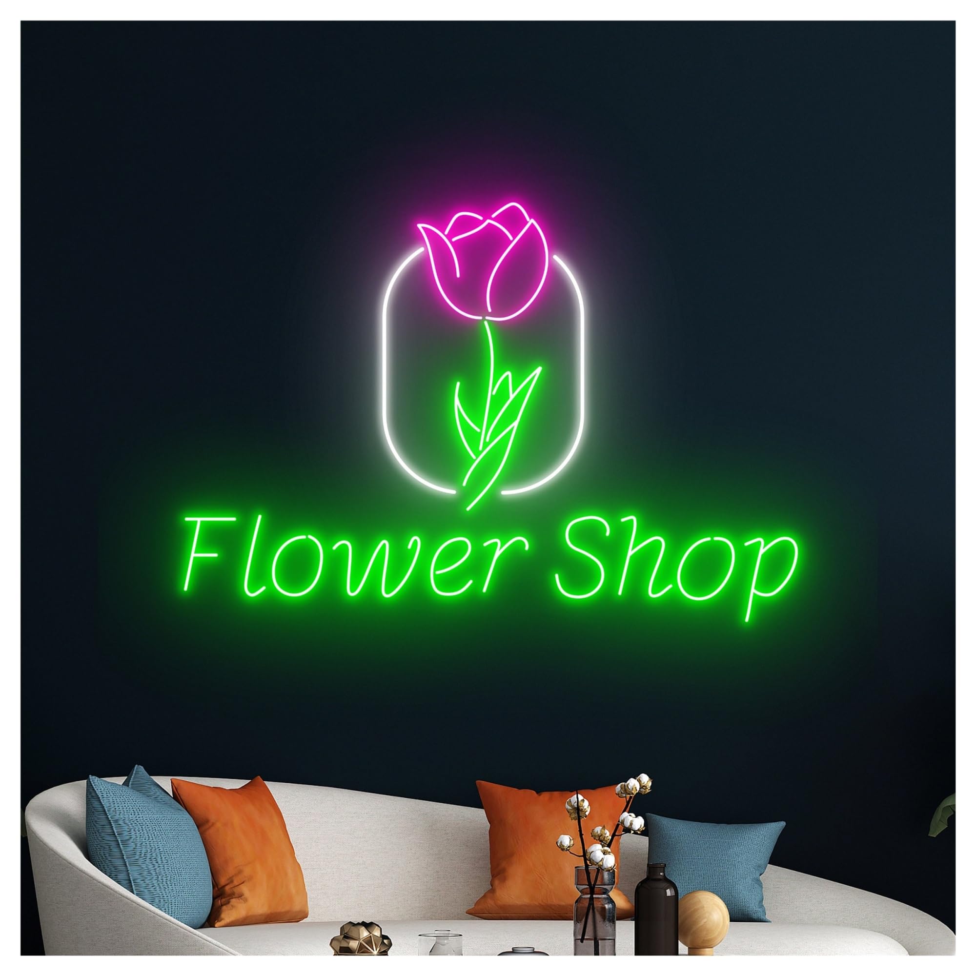 Wiszące neony artystyczne Neonowa Dekoracja Ścienna Do Sklepu "Flower Shop"z Kwiatowym Napisem LED, Witryna Sklepowa, Wejście Firmy, 58cm