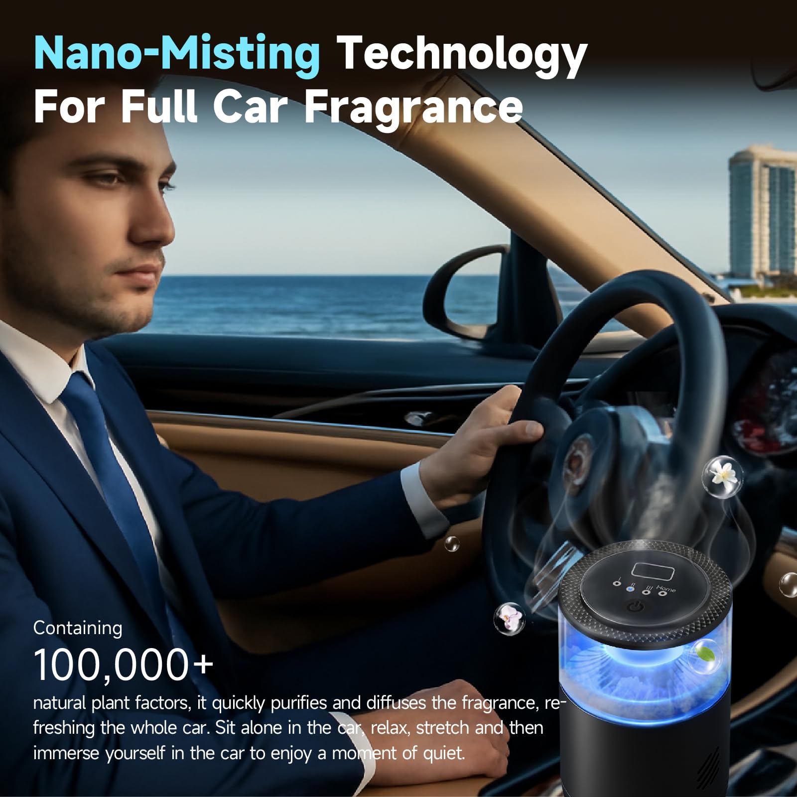 Smart Car Air Freshener,Ambient Light & Mist Fragrance,2 Pack Refill for 6 Months,Auto On/Off,3 Adjustable Modes,Black Air Freshener Perfect for Car,Bedroom,Office,Restrooms. (Mystic Ice)