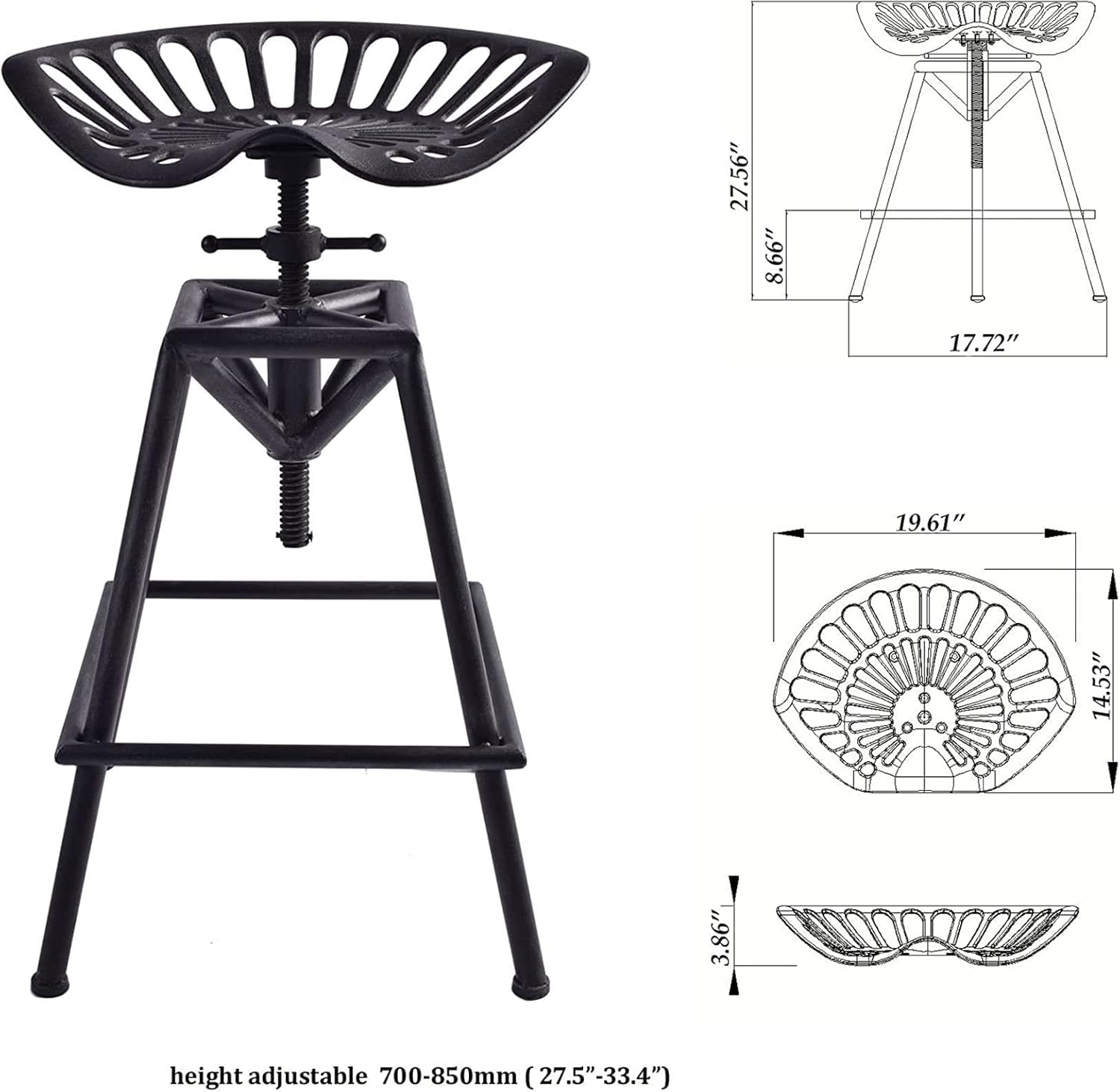 LOKKHAN Cast Iron Tractor Seat Bar Stool-27.5''-33.4'' Counter Bar Height Adjustable Swivel Metal Kitchen Breakfast Coffee Stool-Rustic Industrial Farmhouse Style-Base Welded,Matte Black,King Seat