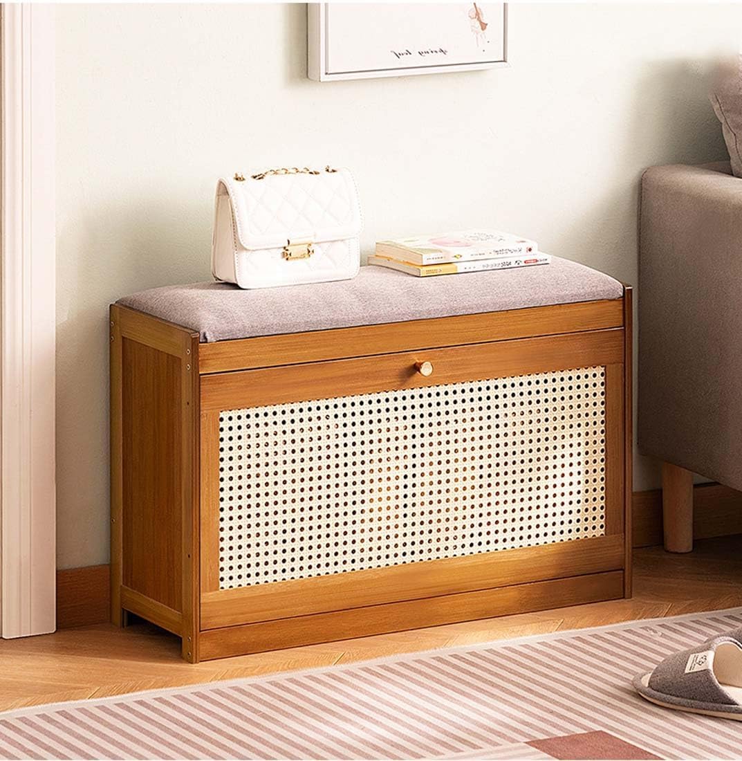 Bamboo Shoe Storage Bench with Padded Cushion, 2-Level Entryway nizer and Folding Drawers, Dark Brown, 50cm - Stylish and Functional Home Furniture