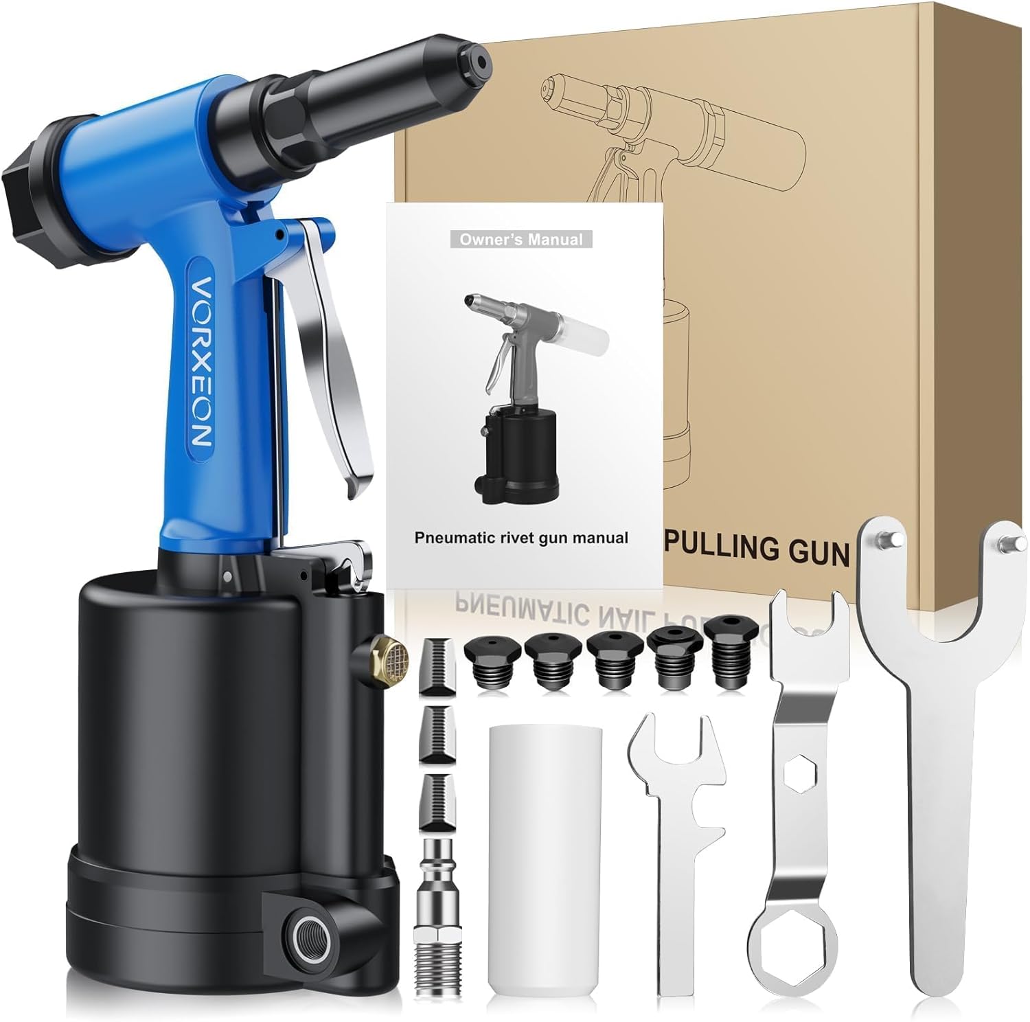 Air Rivet Gun 5 Nosepiece Sizes 3/32" to 1/4" with 3916 lbf Power Riveting for Heavy-Duty Automotive, Metalworking, HVAC and Construction Industrial Pneumatic Riveter Tool