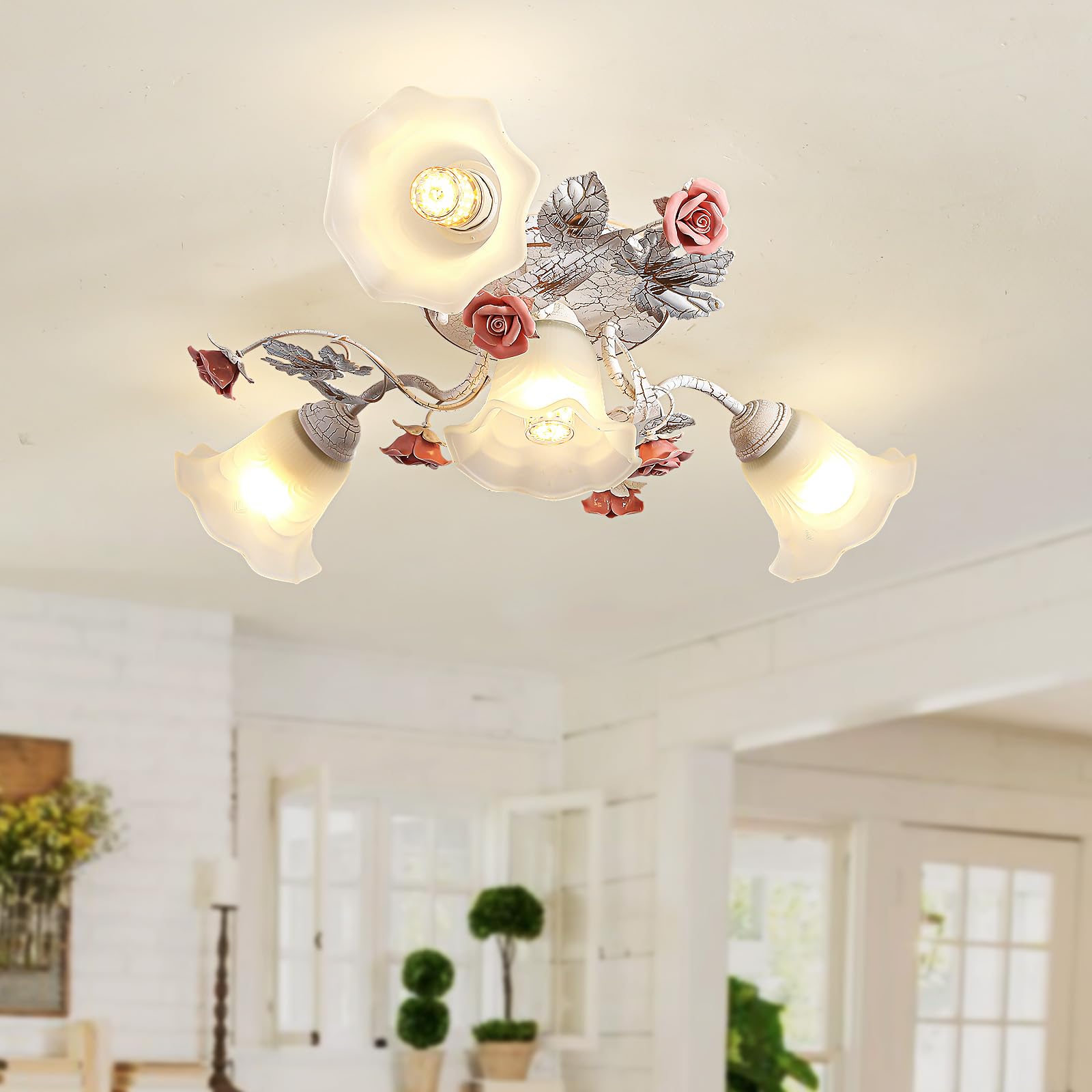 Plafoniera Led Soffitto Floreali Vintage,Lampadario Camera Da Letto Con Paralume In Vetro E Rose In Ceramica Rosa, Plafoniera Soffitto Nordica Per Soggiorno Cucina Corridoio E27 3+1 Heads