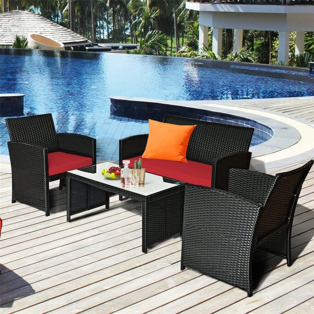 4PCS Patio Rattan Furniture Conversation Set Cushion Sofa Table Garden Red Single Coffee