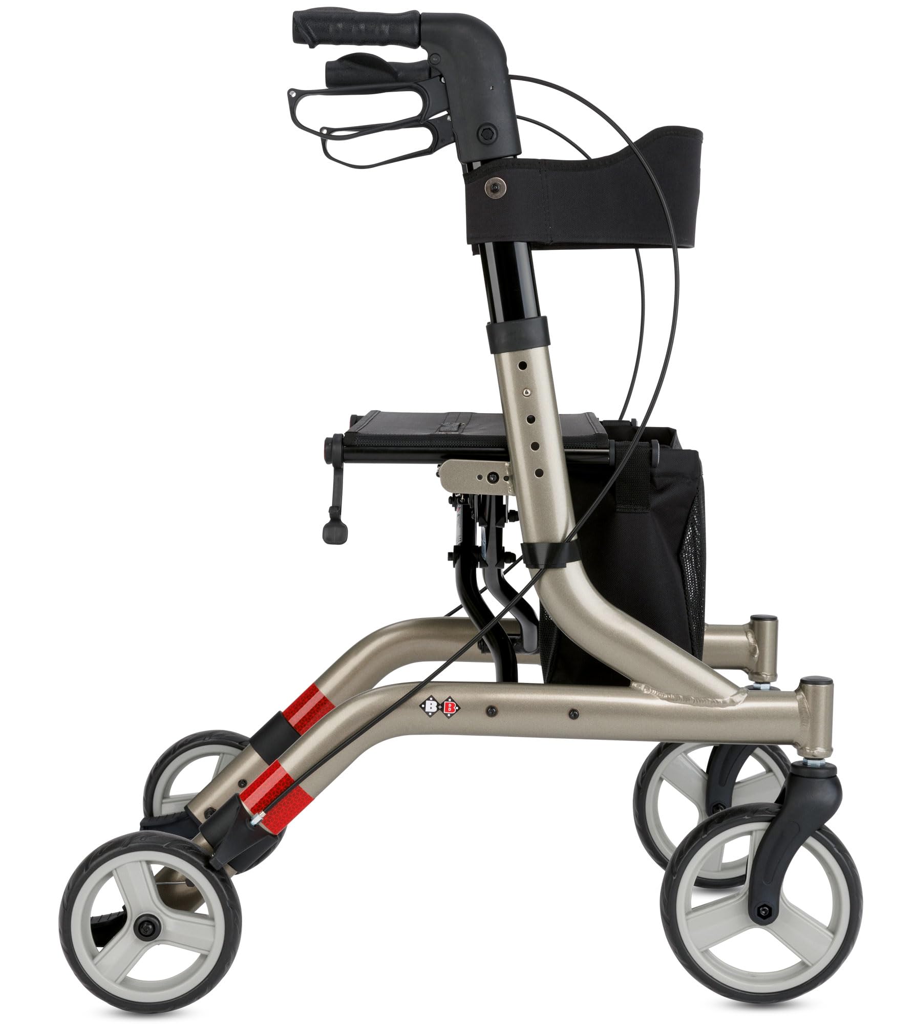 Bischoff & Bischoff Capero Rollator, faltbar – Leichtgewicht-Rollator für drinnen und draußen, Gehwagen mit Rücken-Gurt, Stockhalter und abnehmbarer Netz-Tasche, Platin
