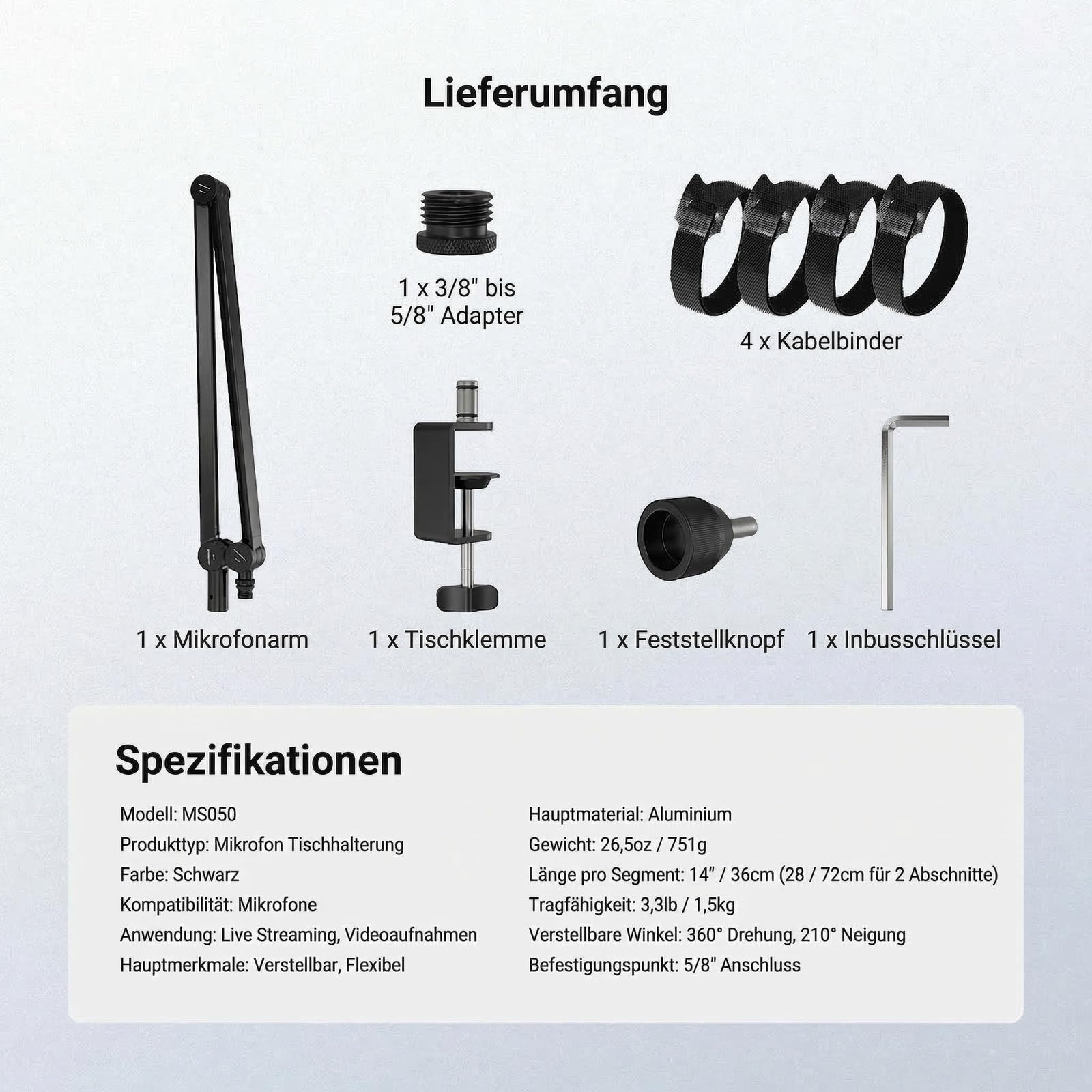 NEEWER BASICS Mikrofon Boom Arm, 78cm flexibler Microphone Tischständer Halterung, kompatibel mit Blue Yeti FIFINE AM8 K669B HyperX QuadCast S SoloCast AT2020 Shure SM7B MV7 für Gaming Streaming MS050