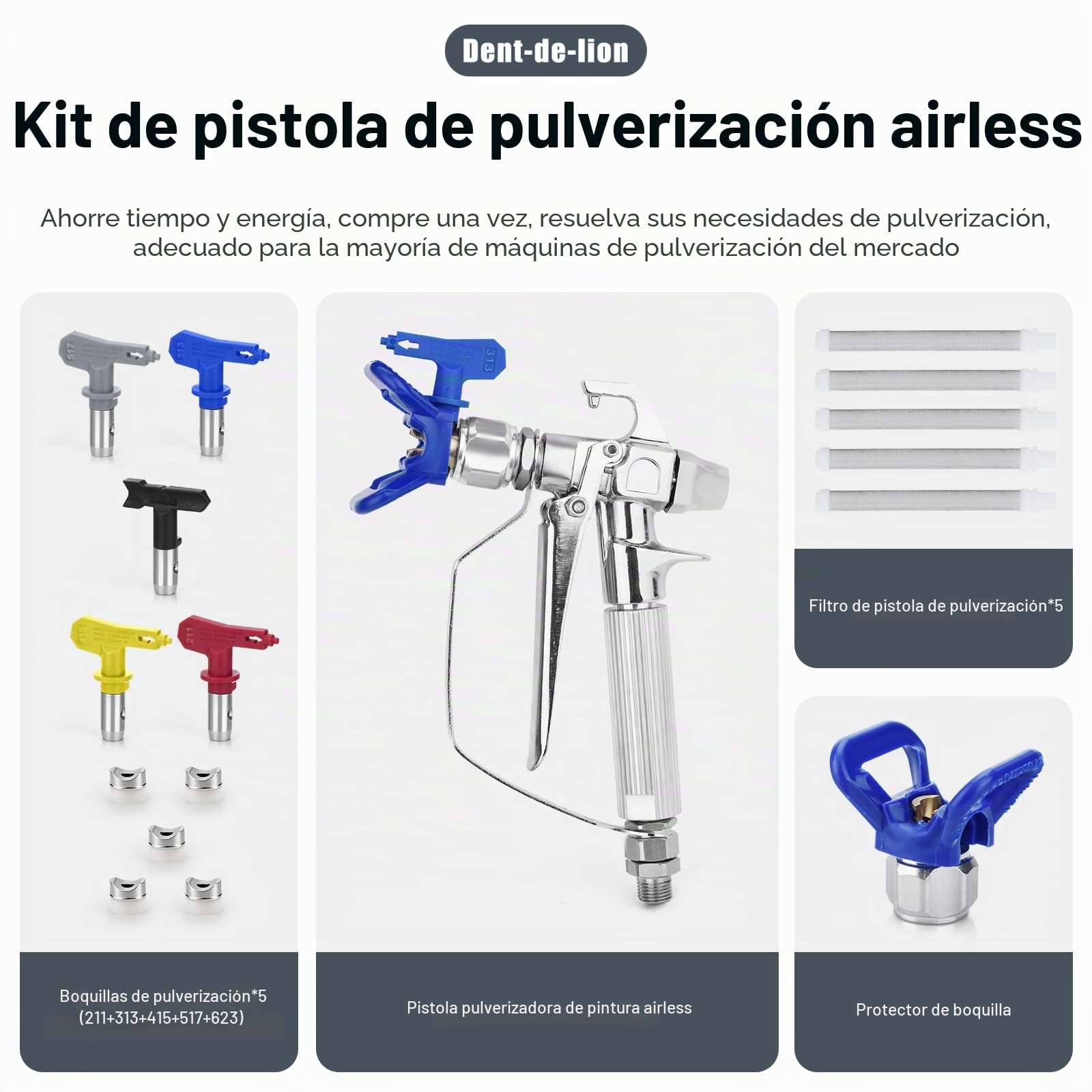 Pistola de Pintura sin Gas de Alta presión 3600 PSI, Soporte de Boquilla Azul,5 Piezas Boquilla de Punta Airless Pistola Pintura, Pistolas de Filtro de Pintura sin Gas,para Sistemas de pulverización