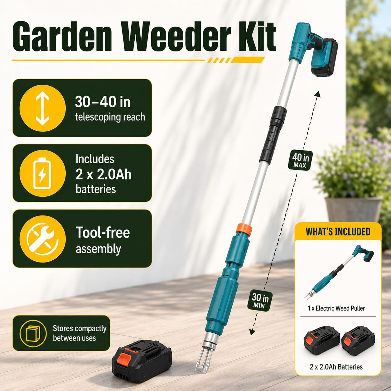Extracteur de mauvaises herbes électrique avec poignée réglable, tête en acier à 3 griffes et 2 batteries 2,0 Ah pour désherber facilement le jardin