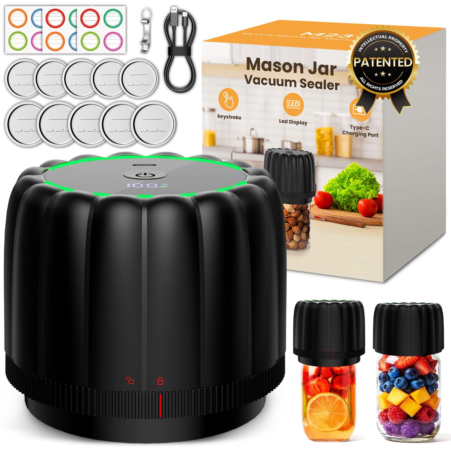 Electric Mason Jar Vacuum Sealer Kit with Wide & Regular Mouth Mason Lids