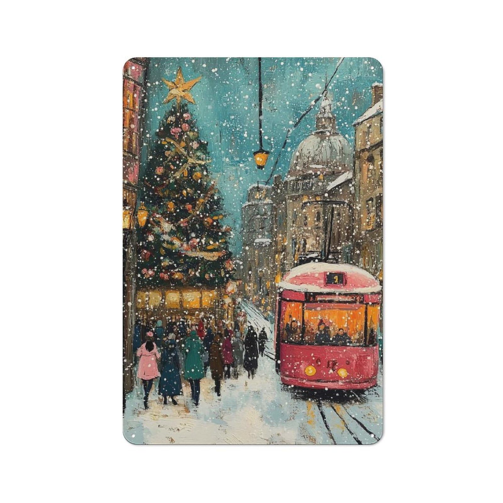 Junmoney Snowy Christmas Street Scene Metal Plaque 30X20cm With For Hallway Wall, Retro Decor, For Themed Interiors In Hallways And Entrance Areas