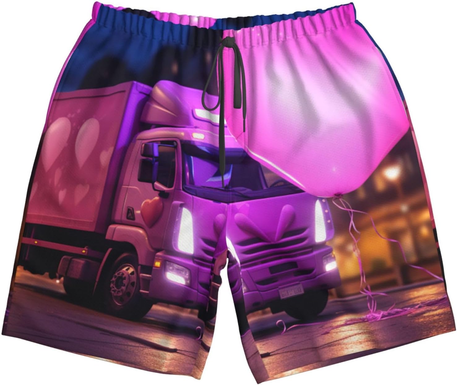 Mens Romantic Truck Heart Balloon Print Beach Shorts,Casual Summer Shorts for Men,Quick Dry Polyester