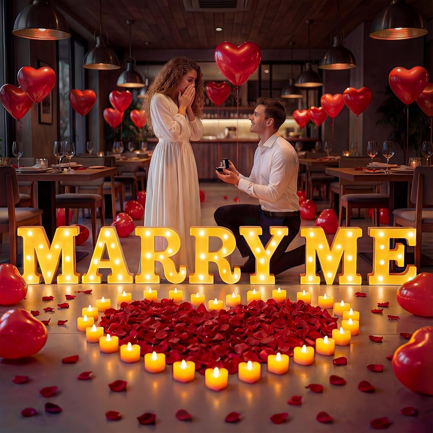 Marry Me Light Up Letters Proposal Decorations,Will You Marry Me Sign with 2000Pcs Red Artificial Roses Petals 30Pcs Flameless Candles 30Pcs Red Balloons for Romantic Night kit Valentine's Day