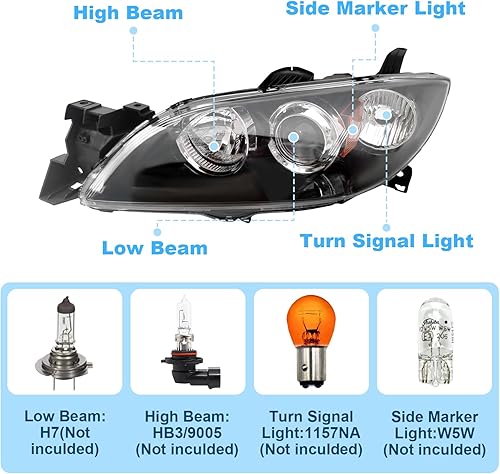 Miniatura 3 de Para Mazda 3 Sedan 2004 2005 2006 2007 2008 2009 Mazda 3 Sedan faro delantero halógeno izquierdo lado del conductor, carcasa negra lente