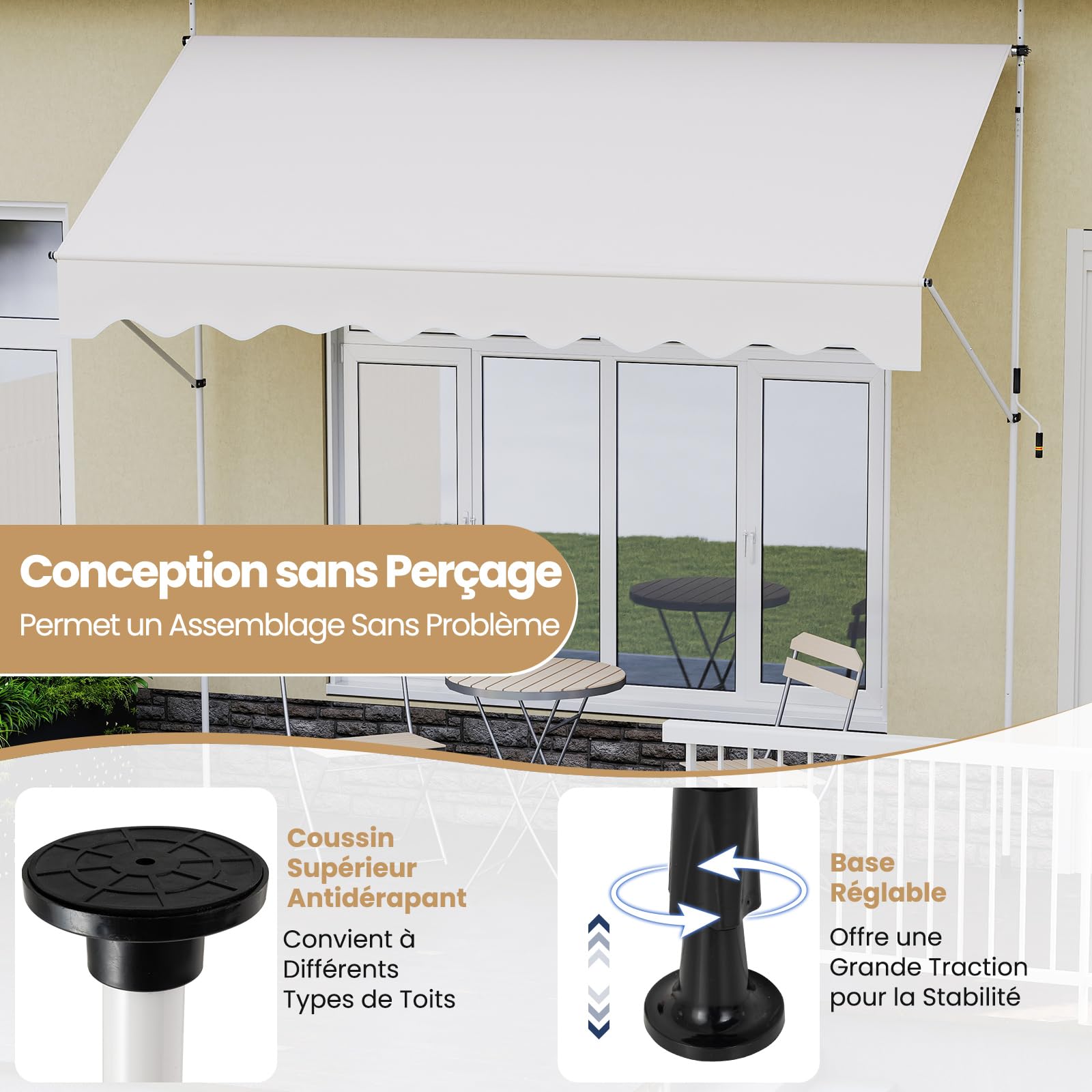 RELAX4LIFE Store Banne Manuel Rétractable avec Manivelle | Auvent Rétractable Résistant aux UV, Imperméable | Hauteur&Angle Réglable | Store Banne sans Percage pour Balcon, Terrasse (3x1,8 M,Blanc)
