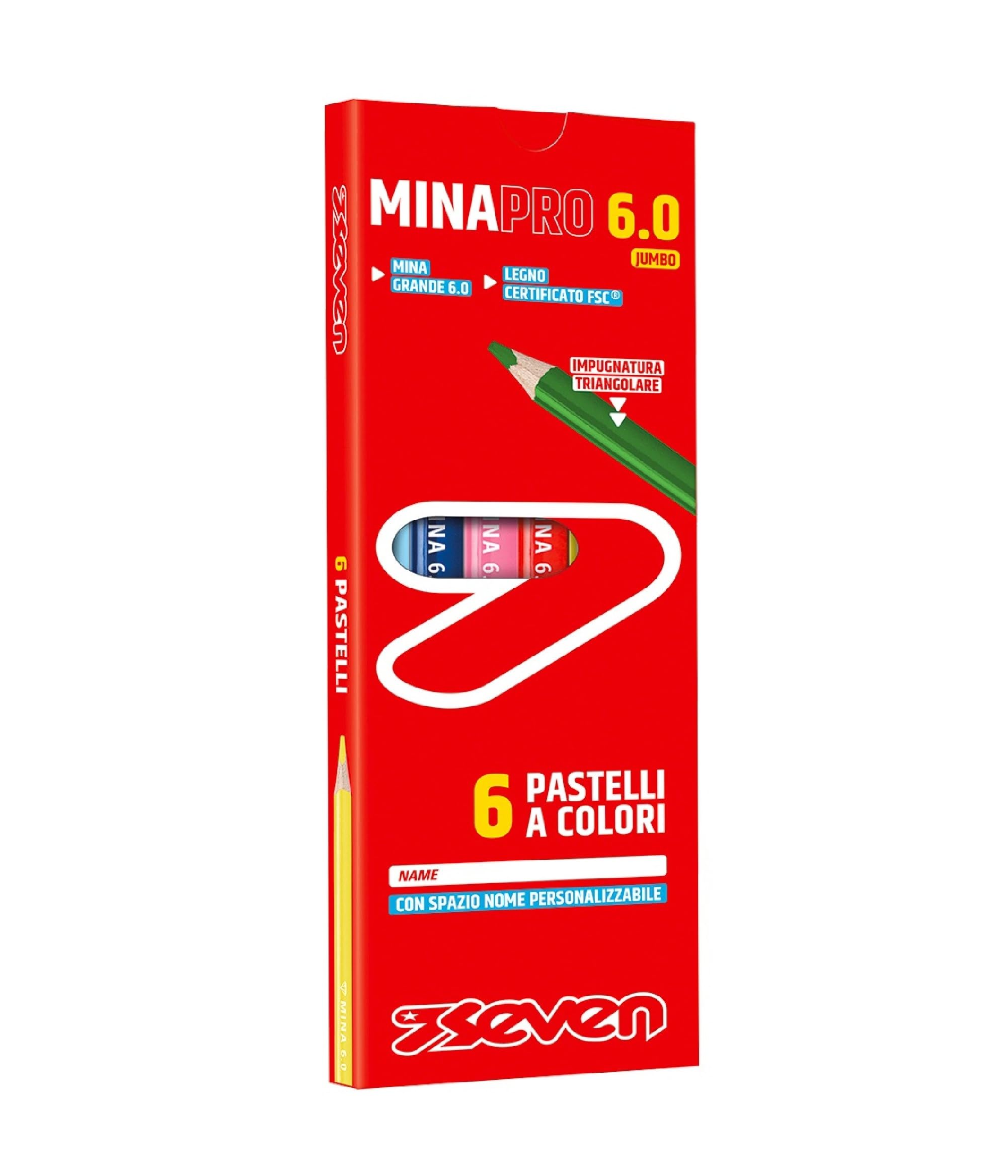 SEVEN Minapro School Crayons 6.0 – Box of 6 Colours, 6 Colours, with Customisable Name Space, Children and Youth