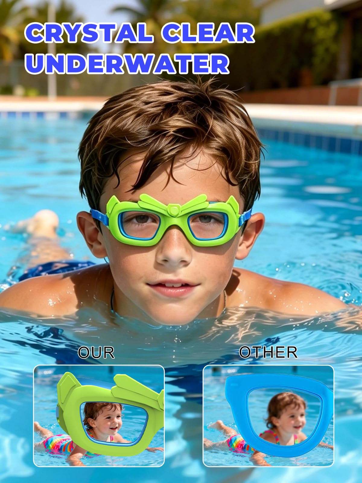 Kinder-Schwimmbrille, 2 Stück, für Kinder von 3–10, Anti-Beschlag/UV, auslaufsicher, transparent, für Jungen und Mädchen