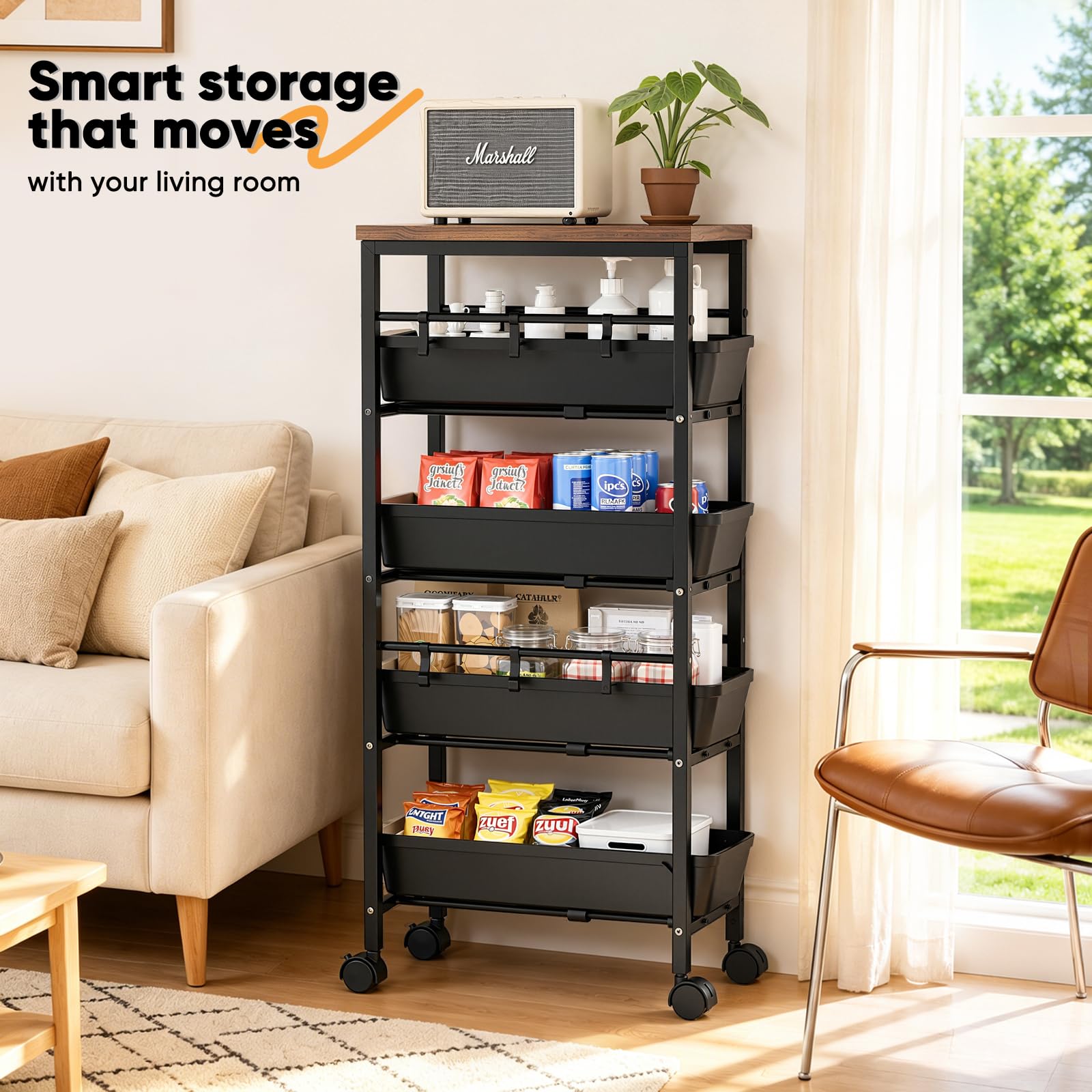 Carrito Cocina con Ruedas, Carrito Cocina con Cestas Retráctiles con 5 Cajones, Verdulero Cocina con 6 Ganchos y Mecanismo de Frenado, Adecuado para Cocina, Baño