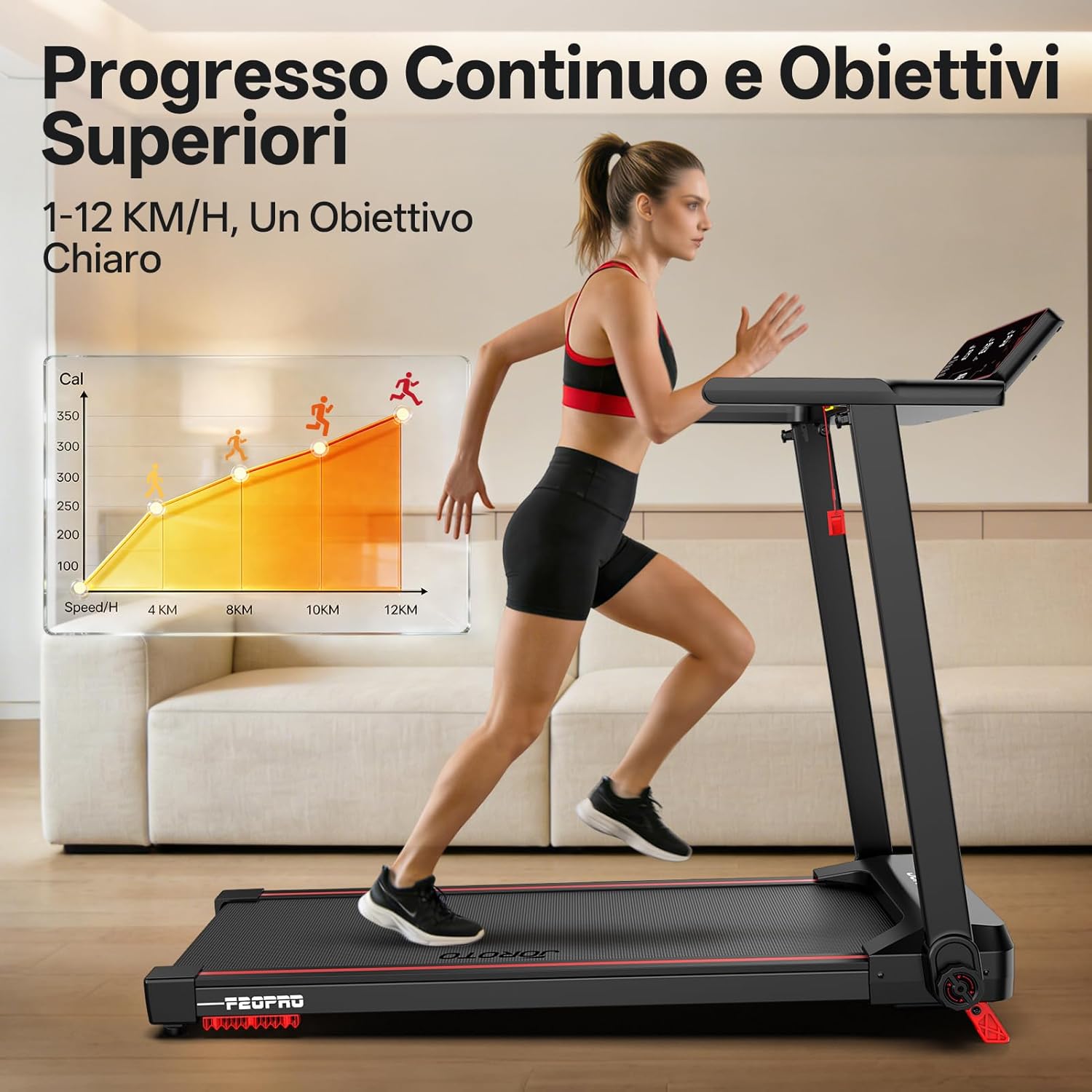 User running on JOROTO F20PRO treadmill, showing speed progression from 1 to 12 KM/H