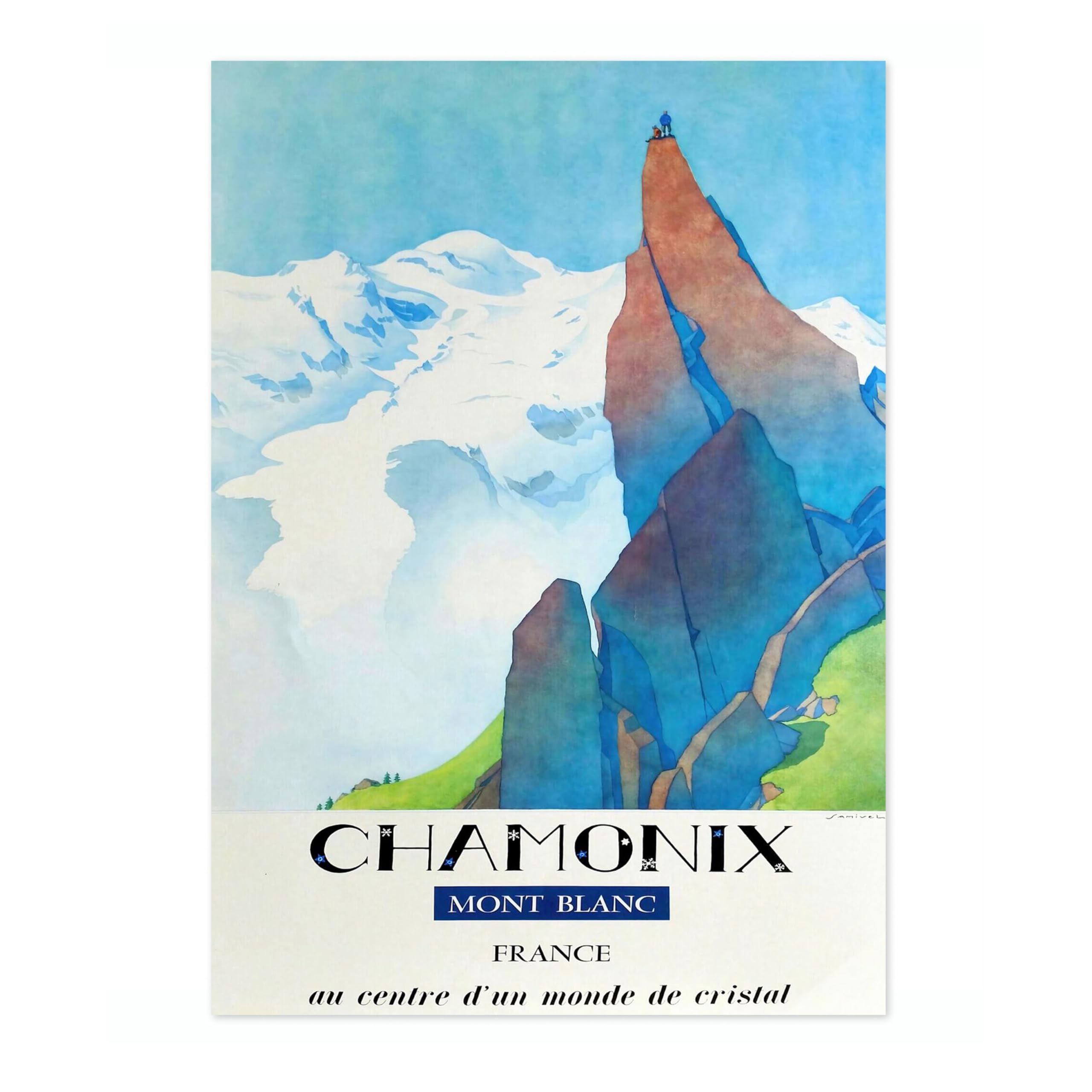 Chamonix, Mont Blanc Vintage Skiing Poster, Minimalist Wall Art, Mountain Travel Prints, Snow, Ski Trip Home Decor, A1 (Print Only) - 84.1x59.4cm