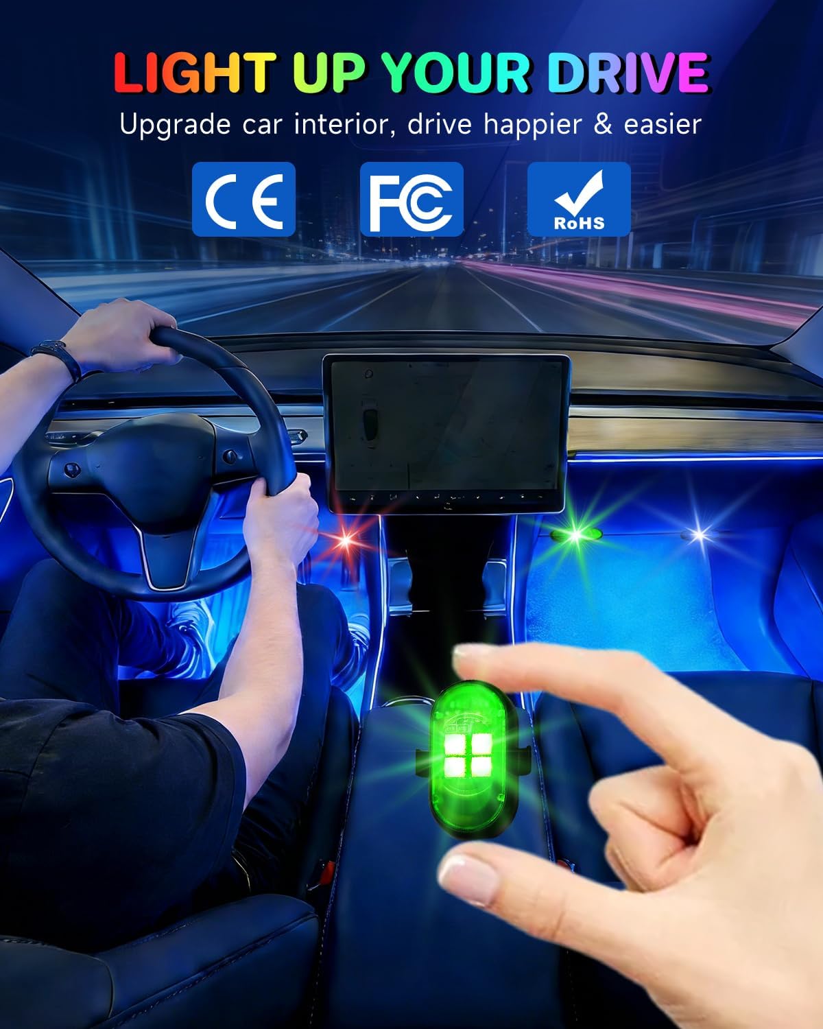 Upgraded 8PCS Wireless LED Lights for car with Remote, Rechargeable Waterproof 8-Color Interior Car Light, Mini LED Strobe Lights for Vehicle Drone Motorcycle Bike