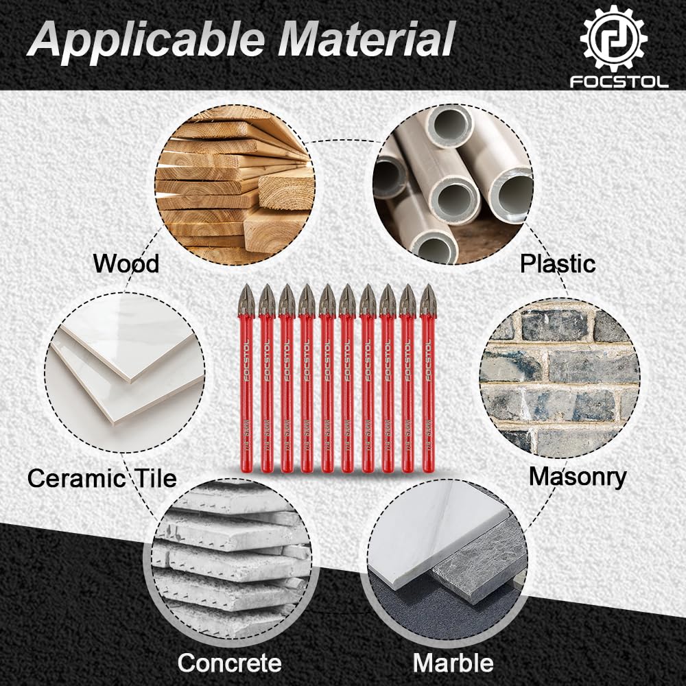 Masonry Concrete Drill Bit Set - FOCSTOL 10pcs 6mm Carbide Drill Bits Set with Round Shank for Wood Plastic Foam Tiles Softer Materials