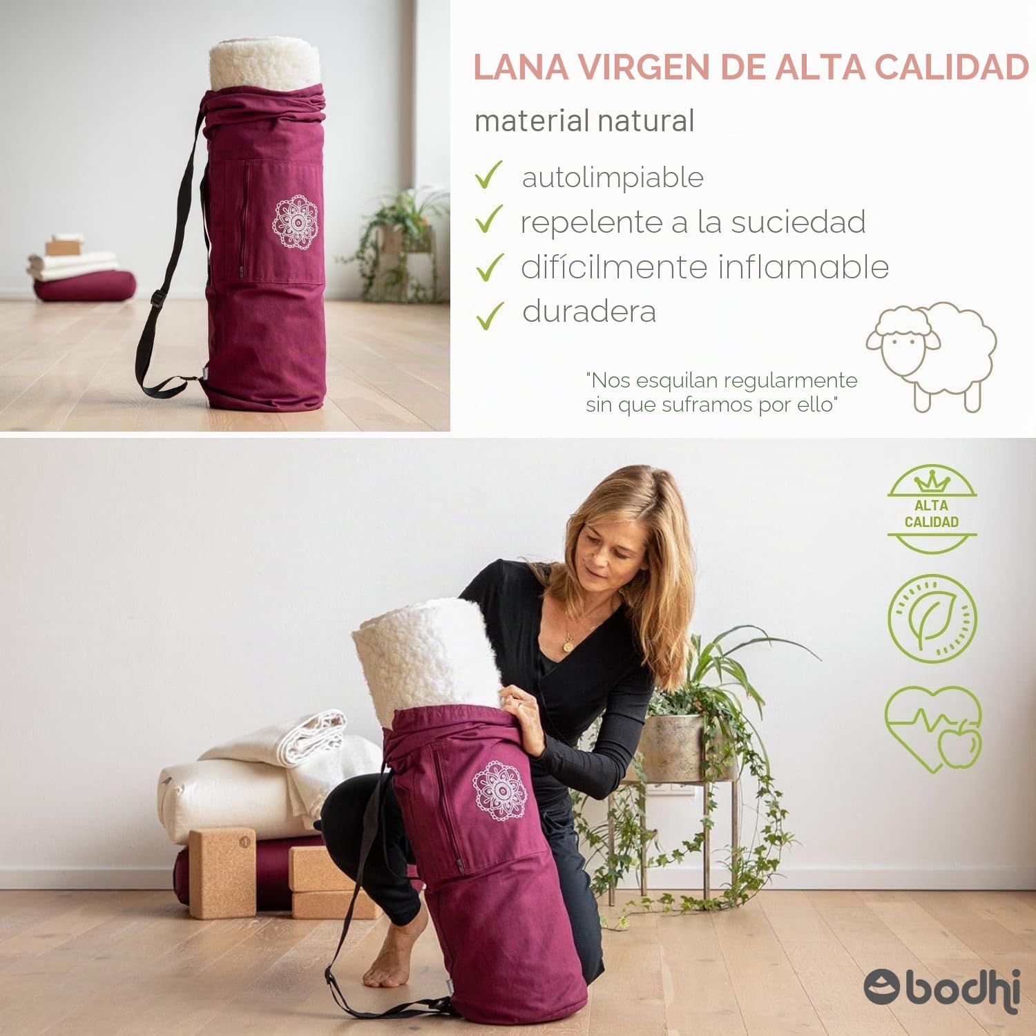 Bodhi VISHNU - Esterilla de yoga de lana virgen natural, 100% lana virgen de oveja (1200 g/m²), suave y aislante