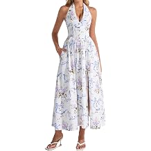 XinFSh Womens Summer Floral Halter Corset Wedding Guest Maxi Dress Flowy A Line Long Tea Party Dresses with Pockets