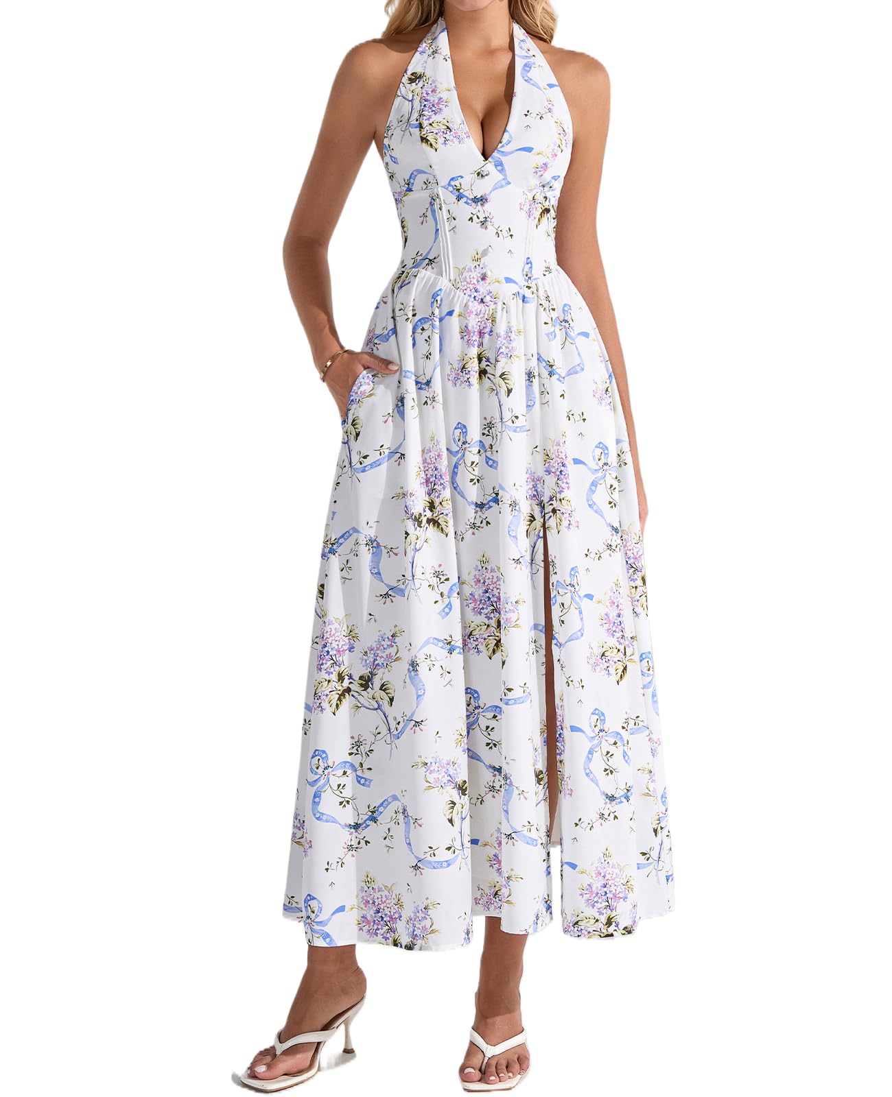 Women’s Summer Floral Halter Flowy Corset Wedding Guest Midi Dress
