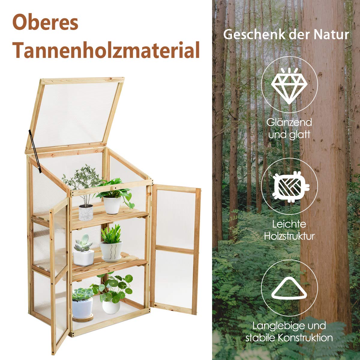 COSTWAY 3 Etagen Frühbeet Holz, Hochbeet wetterfest, Gewächshaus mit 2 Türen & Deckel, Polycarbonat-Fenster, Pflanzenbeet Aufzuchtschrank Treibhaus, für Garten Balkon, 60 x 45 x 100 cm, Natur