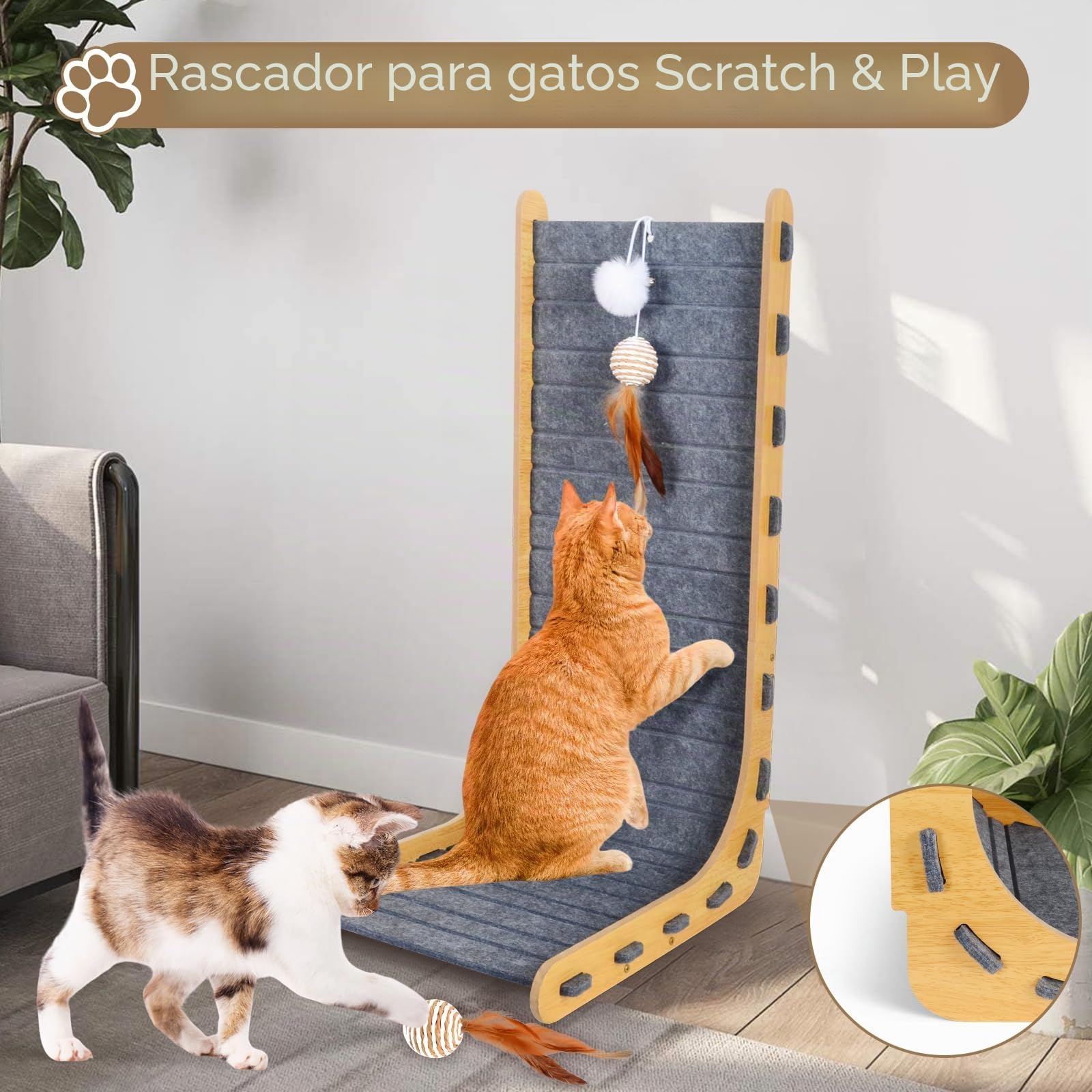 Rascador para Gatos, 60 cm en Forme de L Vertical Rascador Gato de Interior, Durable Fieltro Rascadores Gatos con Pelota de Juguete, Rascadores para Gato Madera Protector Sofa Muebles Arañazo
