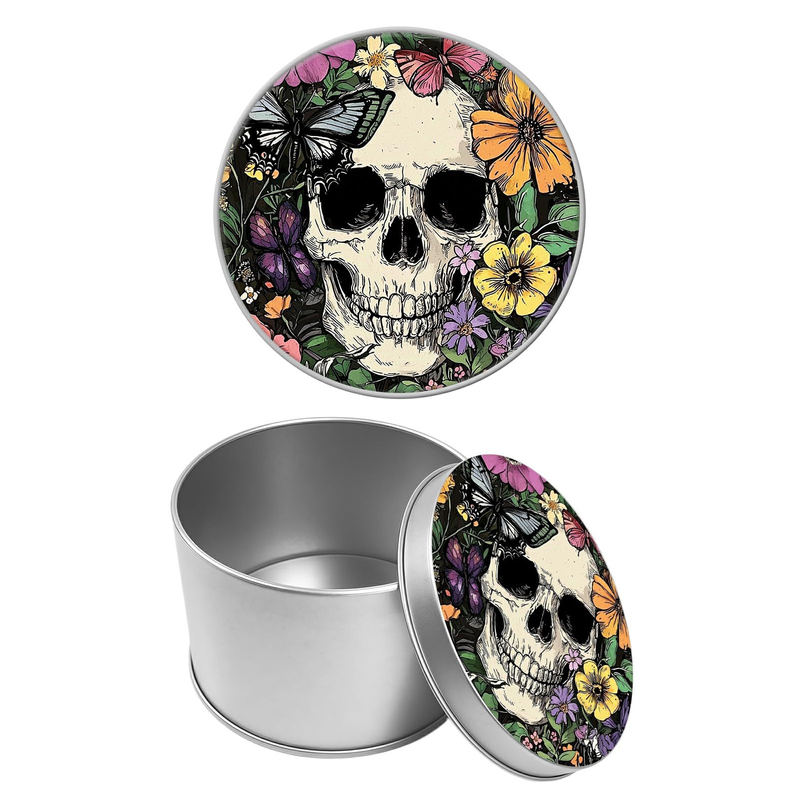 Round Metal Tin Container with Removable Lid, Colorful Flowers Skull Durable Metal Storage Box for Cookies Spices Tea Candies Cakes Jewelry Cosmetics 3.54 x 2.36 inch– Single Pack