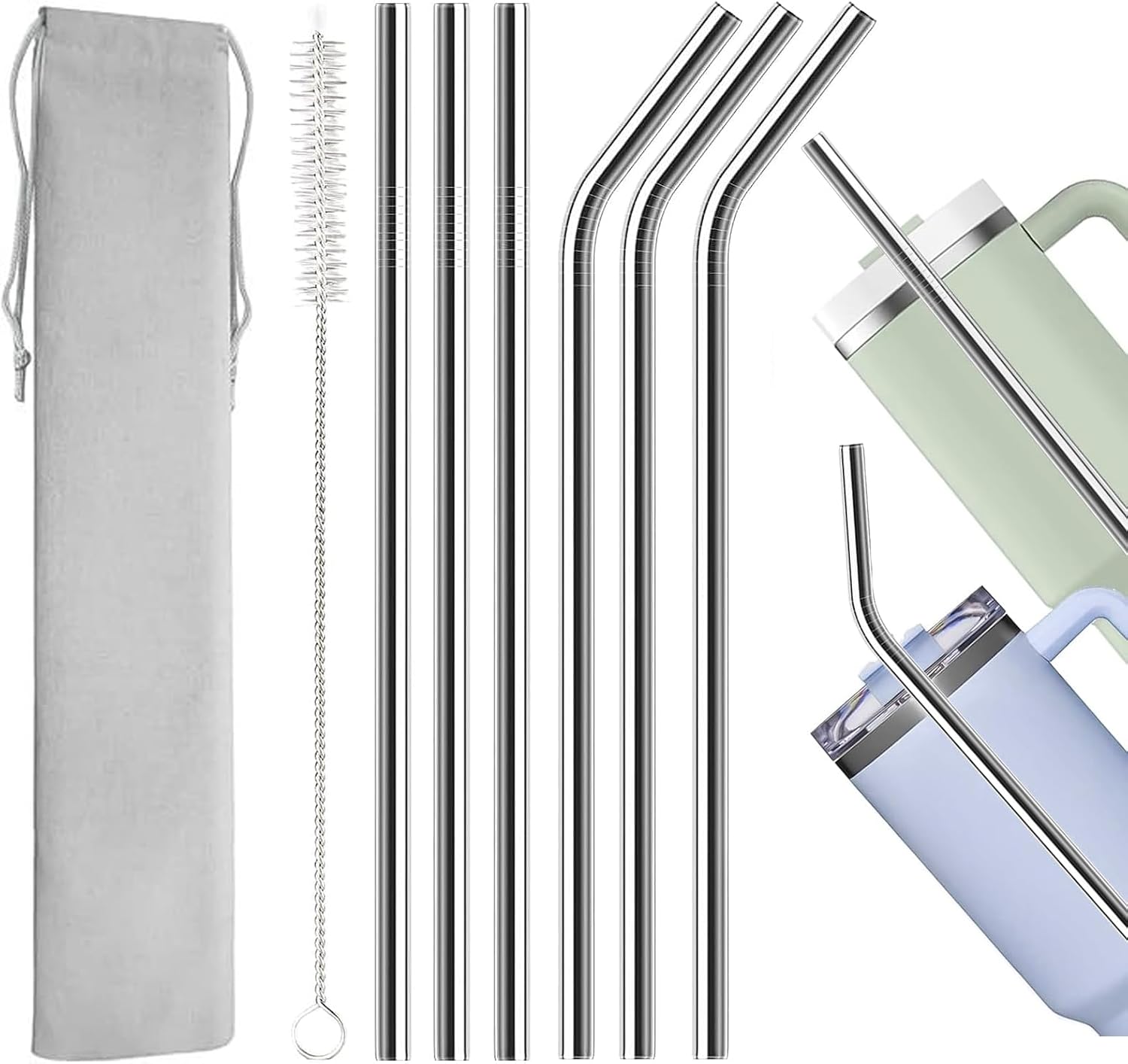 6 sztuk słomek ze stali nierdzewnej wielokrotnego użytku, 31 cm, do Stanley Cup 30oz/40oz – metalowe słomki do picia ze stali spożywczej 304 z 1 szczotką do czyszczenia, nadają się do mycia
