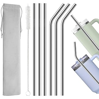 Pack of 6 Reusable Stainless Steel Straws 31 cm for Stanley Cup 30 oz/40 oz - Food Safe 304 Metal Drinking Straws with 1 Cleaning Brush Dishwasher Safe & Environmentally Friendly