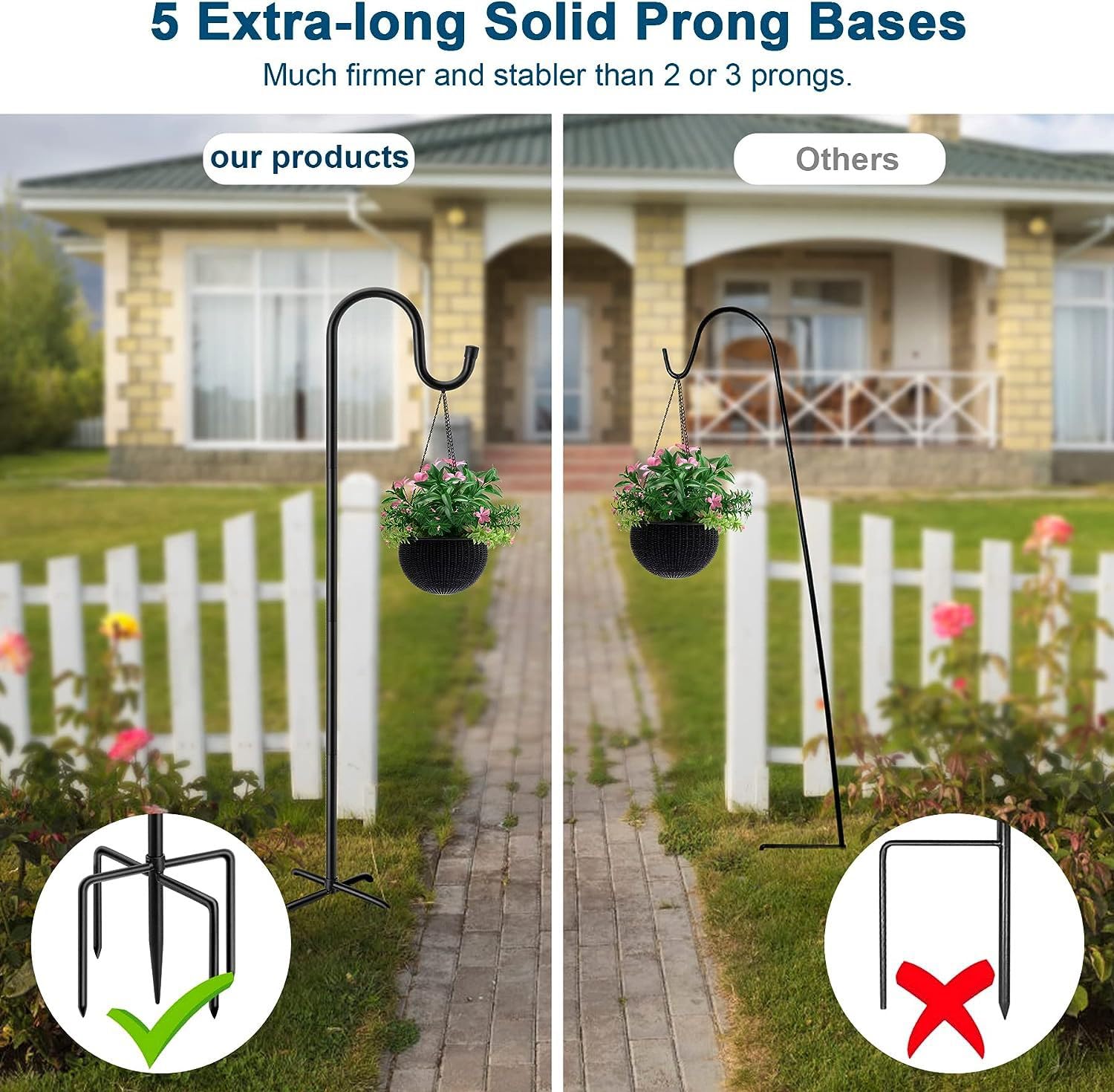 Lot de 4 crochets de berger réglables en hauteur avec base à 5 griffes, crochets de bordure de jardin en métal noir pour suspension d'entrée, lanternes, paniers de plantes, guirlandes lumineuses