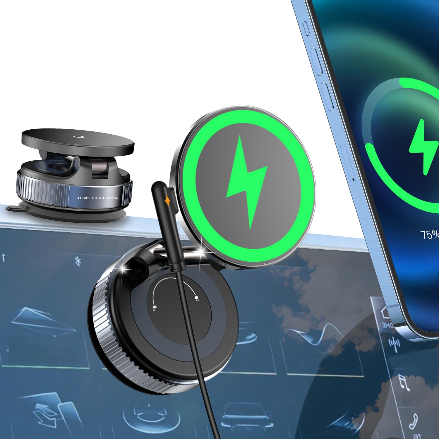 15W Schnelles Laden Autohalterung mit Ladefunktion [Verbesserter Elastischer Saugnapf] 360° Verstellbare Kabelloses Ladegerät Auto Handyhalterung für MagSafe iPhone 17 16 15 14 13 12 Serie