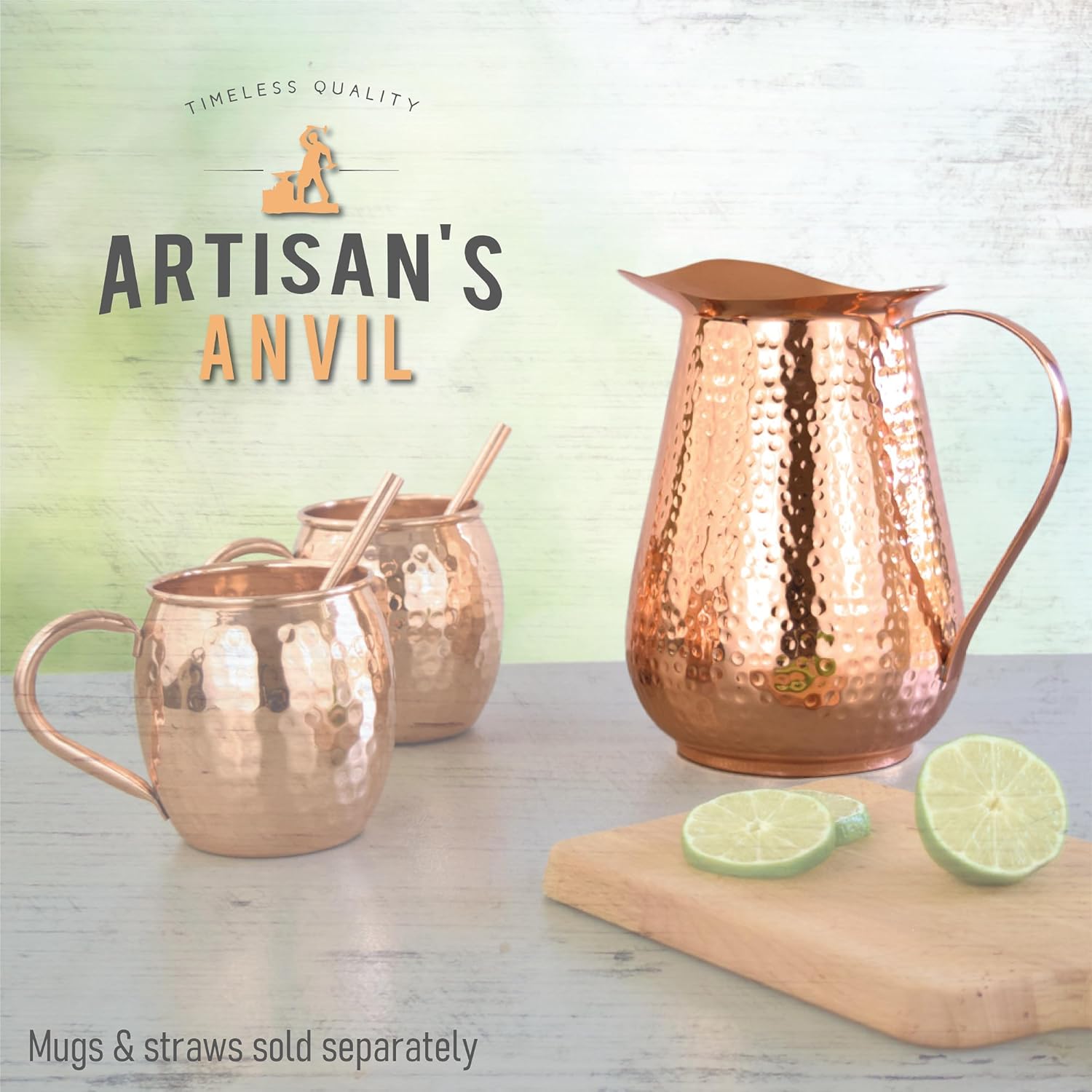 Artisan's Anvil Hammered Copper Pitcher w/Handle, 100% Copper, Heavy Duty, Handmade, 70 fl. Oz., Best for Water, Ayurveda, Moscow Mules, Cocktails