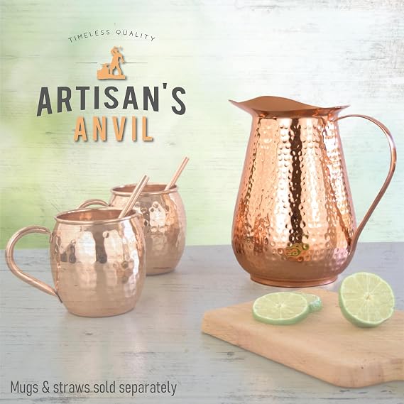 Hammered Copper Water Pitcher 70oz, 100% Pure, Handle