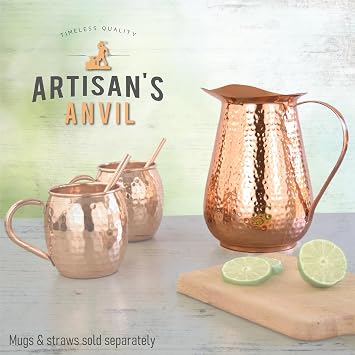 Hammered Copper Water Pitcher 70oz, 100% Pure, Handle