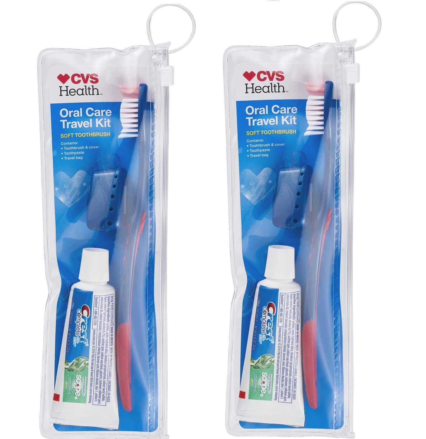 CVS Health2-Pack Travel Kits, Toothbrush + Cap, Toothpaste and Case with Zip-Lock and Handle