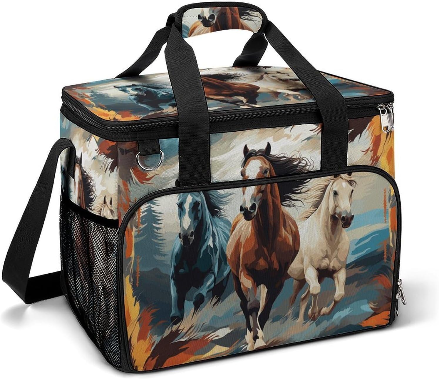 Insulated Picnic Backpack Tote Bag, Large Capacity 30L A Pattern with Horses As A Background Cooler Bag Leakproof Beach Bags Portable Lunch Box Waterproof Picnic Basket for Beach Camping BBQ