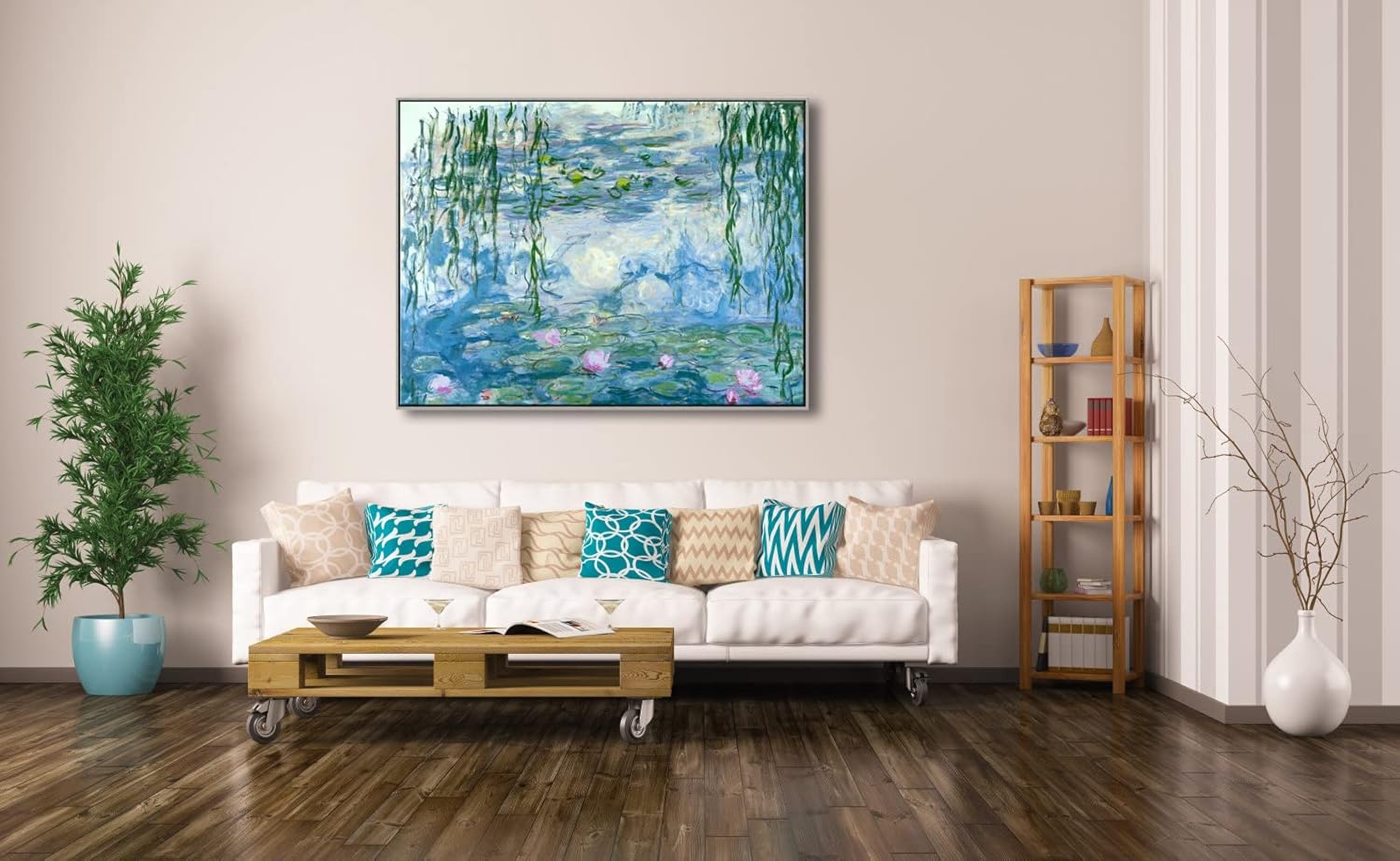 Wieco Art Large Silver Framed Canvas Print Water Lilies by Claude Monet Paintings Reproduction Modern Abstract Canvas Wall Art for Home and Office Decoration Artwork